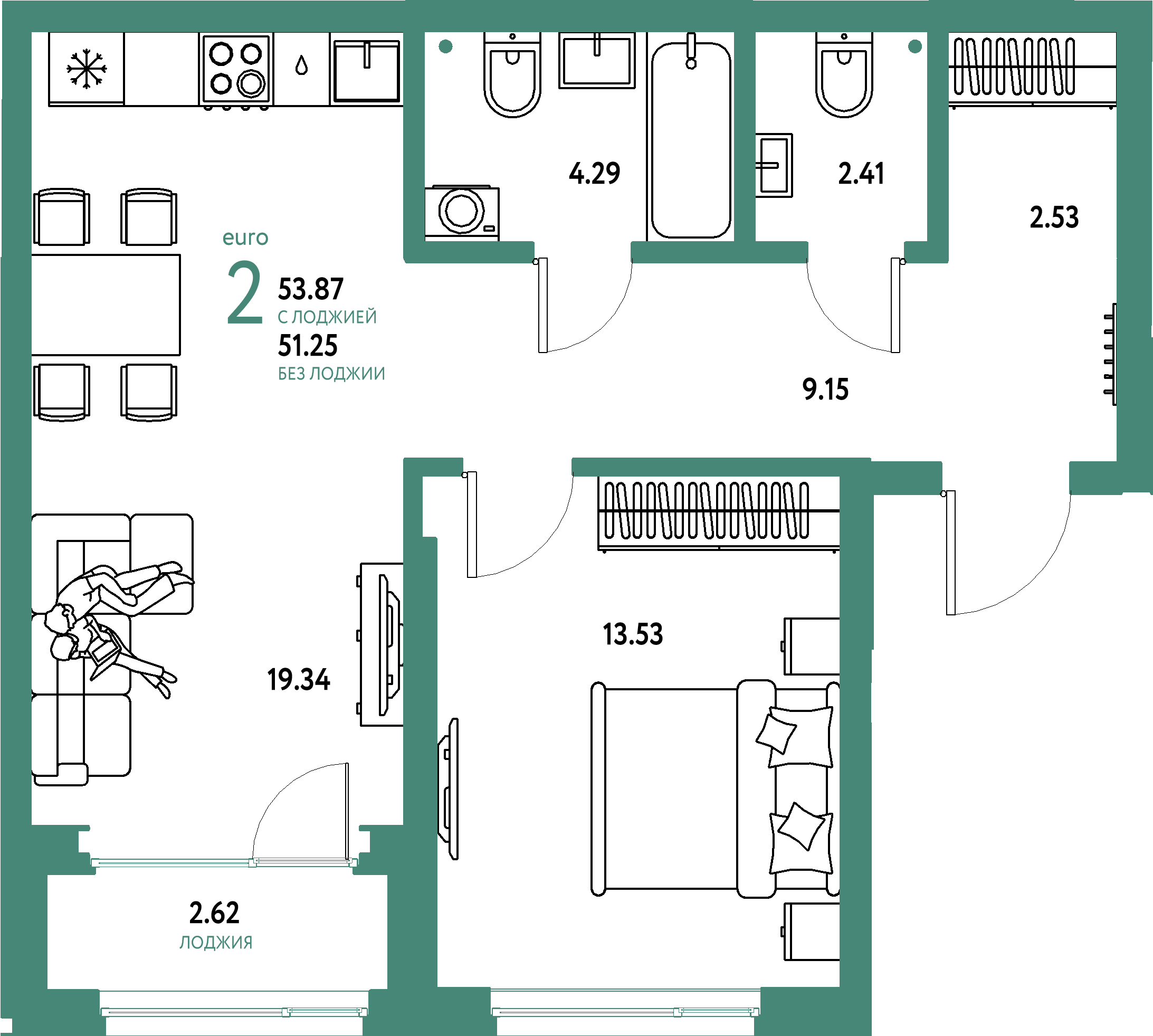 ЖК "Страна.Береговая"-2-комнатная 53.87 м²