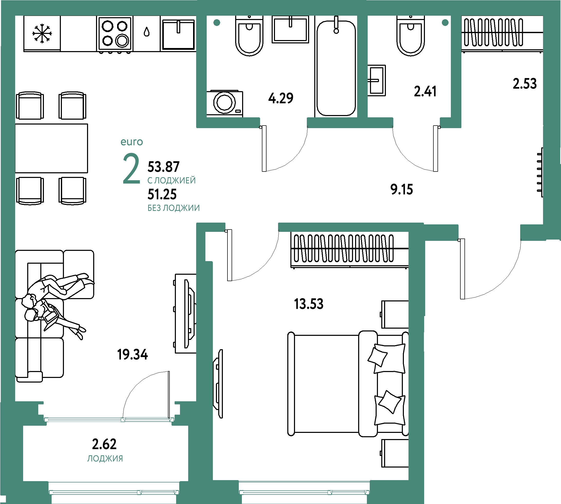 ЖК "Страна.Береговая"-2-комнатная 53.87 м²