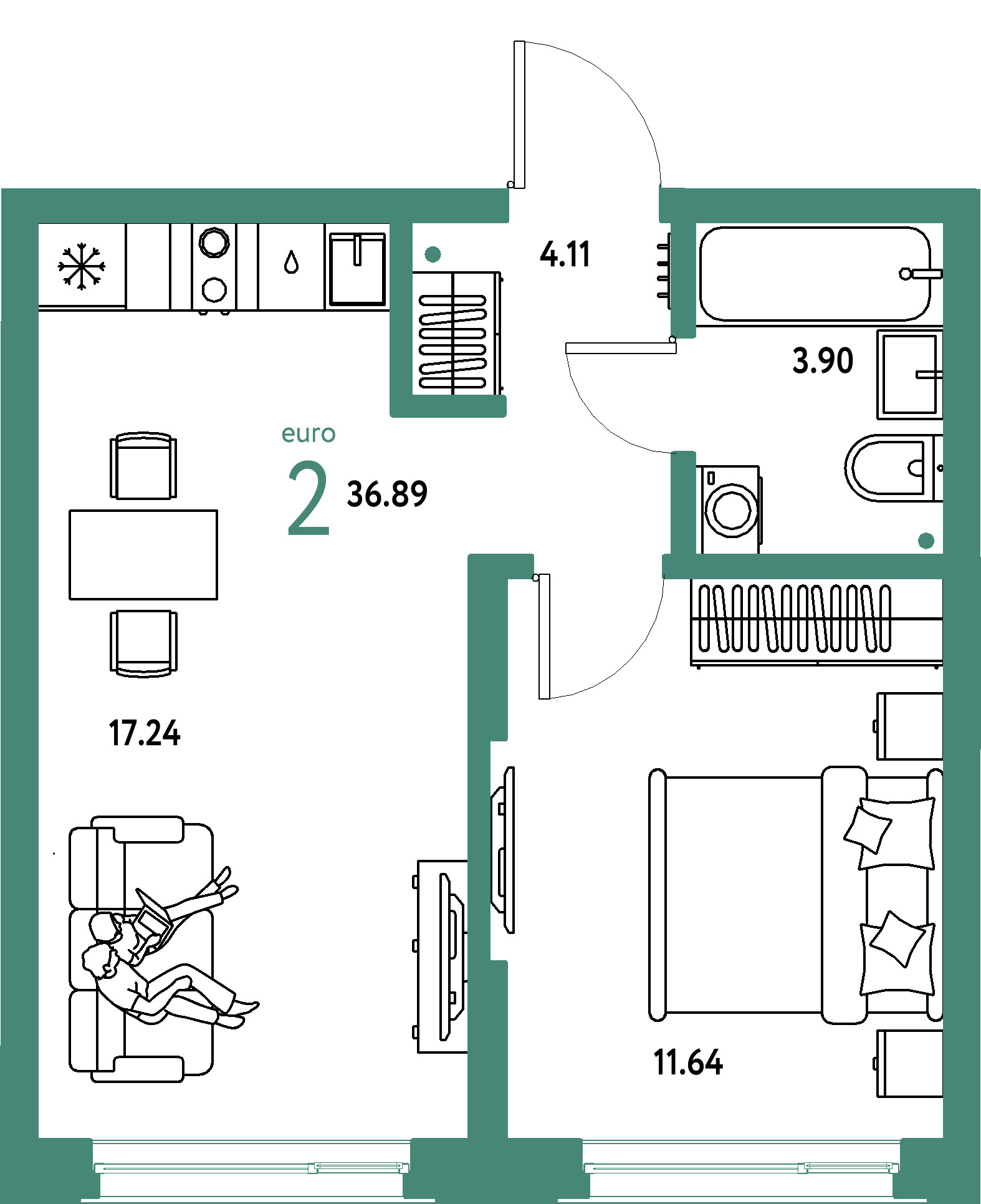 ЖК "Страна.Береговая"-2-комнатная 36.89 м²
