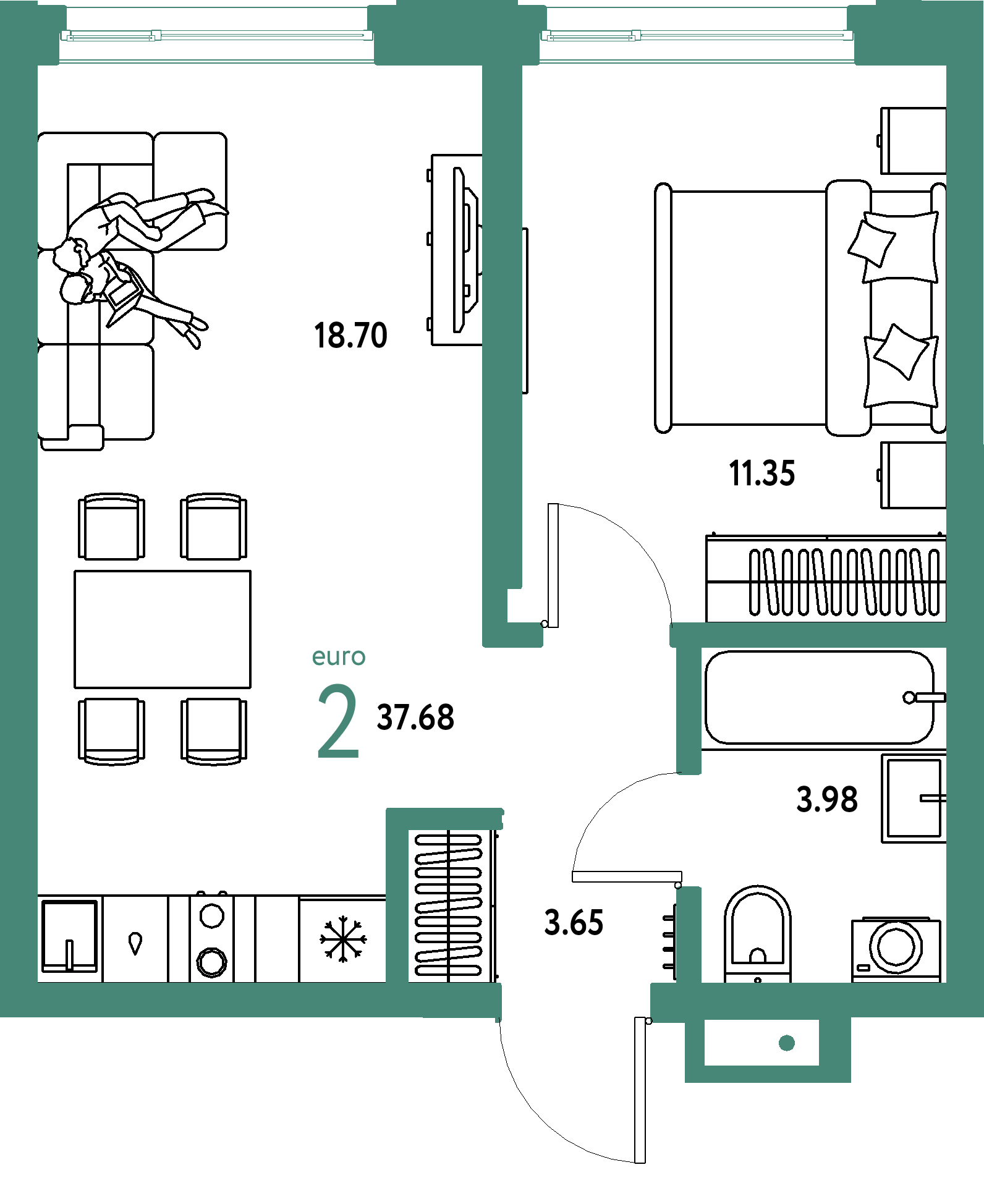 ЖК "Страна.Береговая"-2-комнатная 37.68 м²