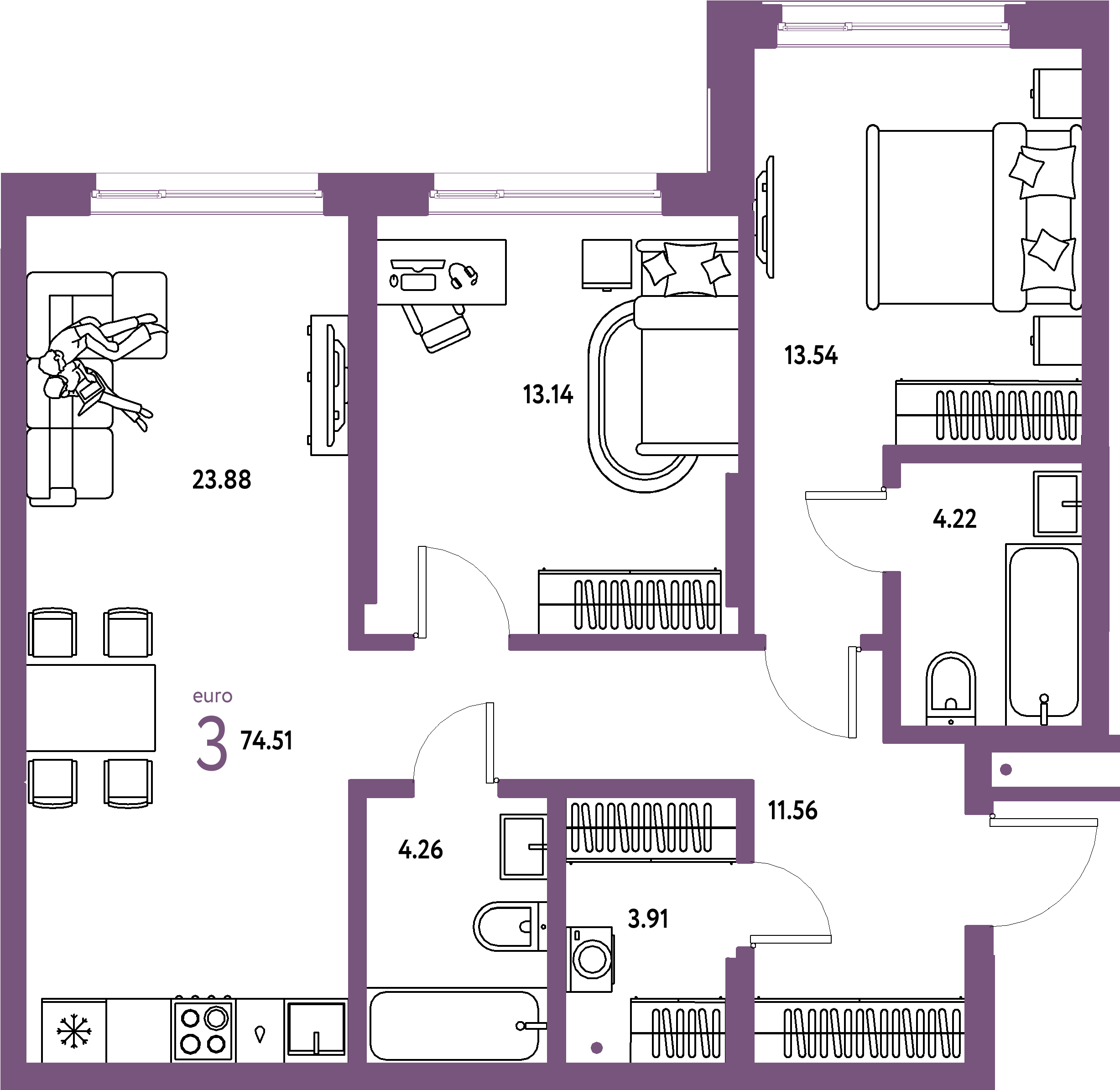 ЖК "Страна.Береговая"-3-комнатная 74.51 м²