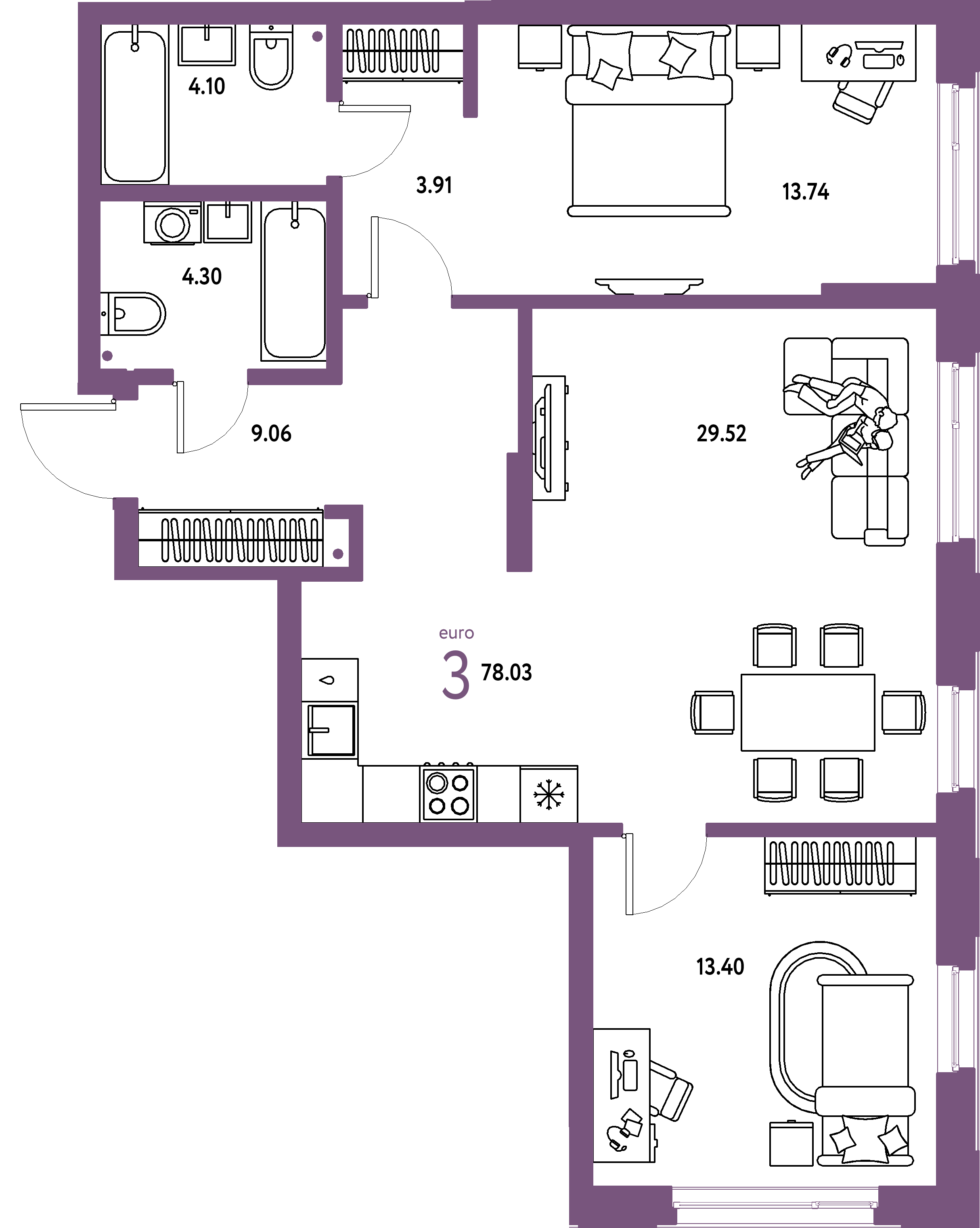 ЖК "Страна.Береговая"-3-комнатная 78.03 м²