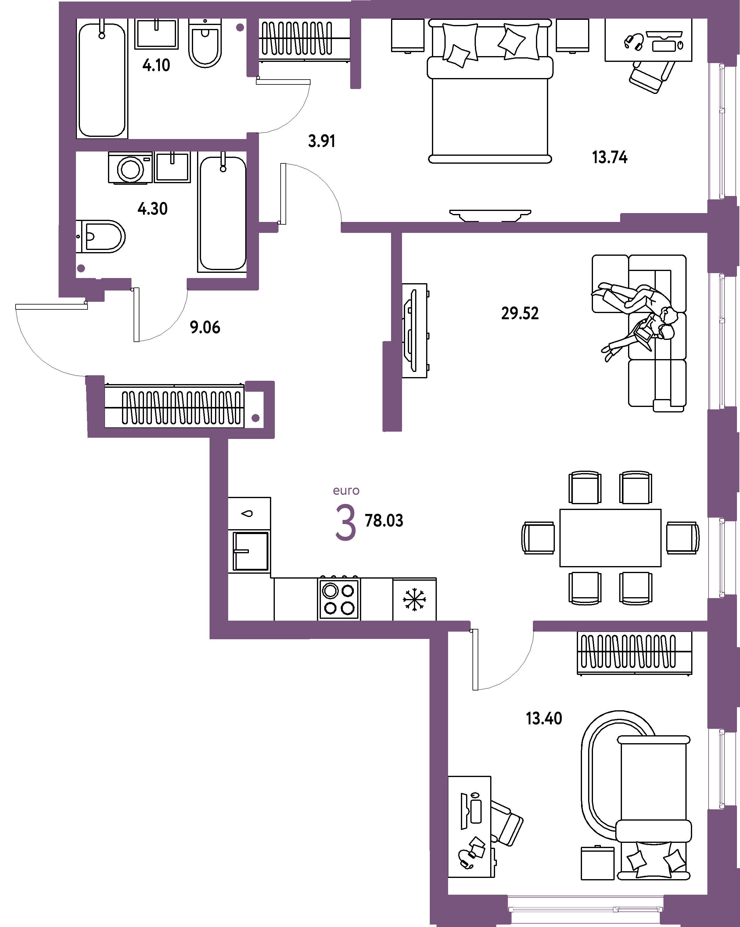 ЖК "Страна.Береговая"-3-комнатная 78.03 м²
