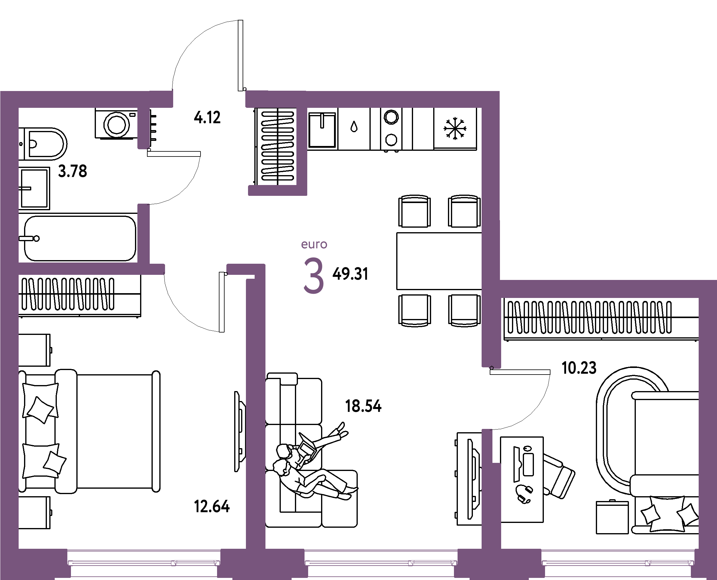ЖК "Страна.Береговая"-3-комнатная 49.31 м²