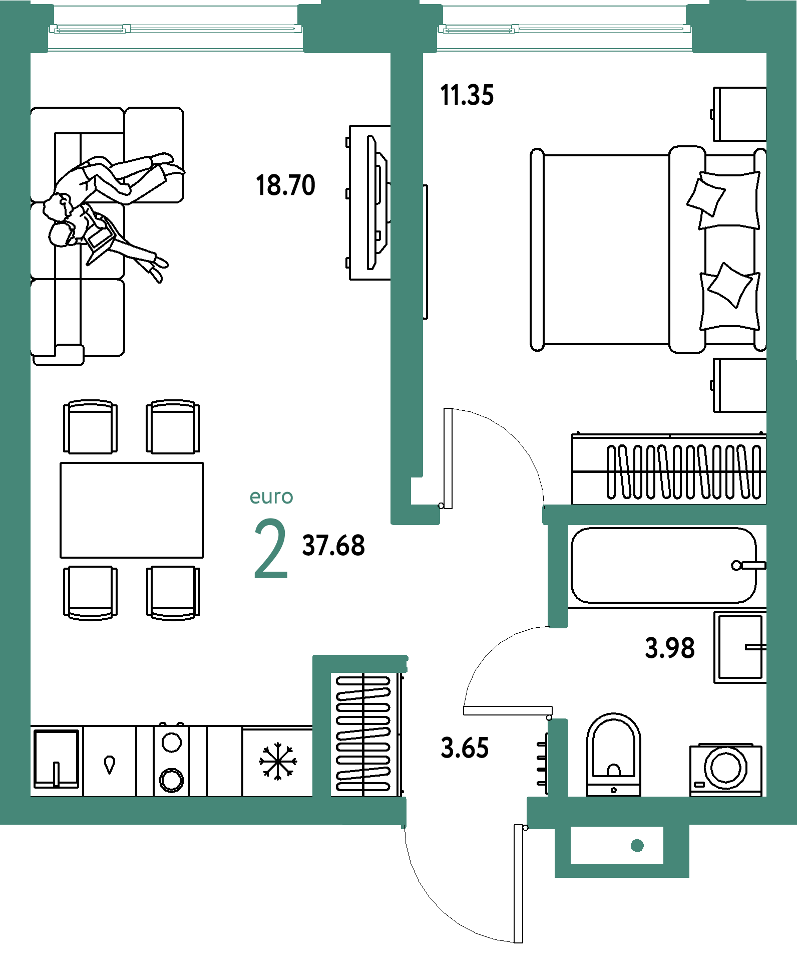 ЖК "Страна.Береговая"-2-комнатная 37.68 м²