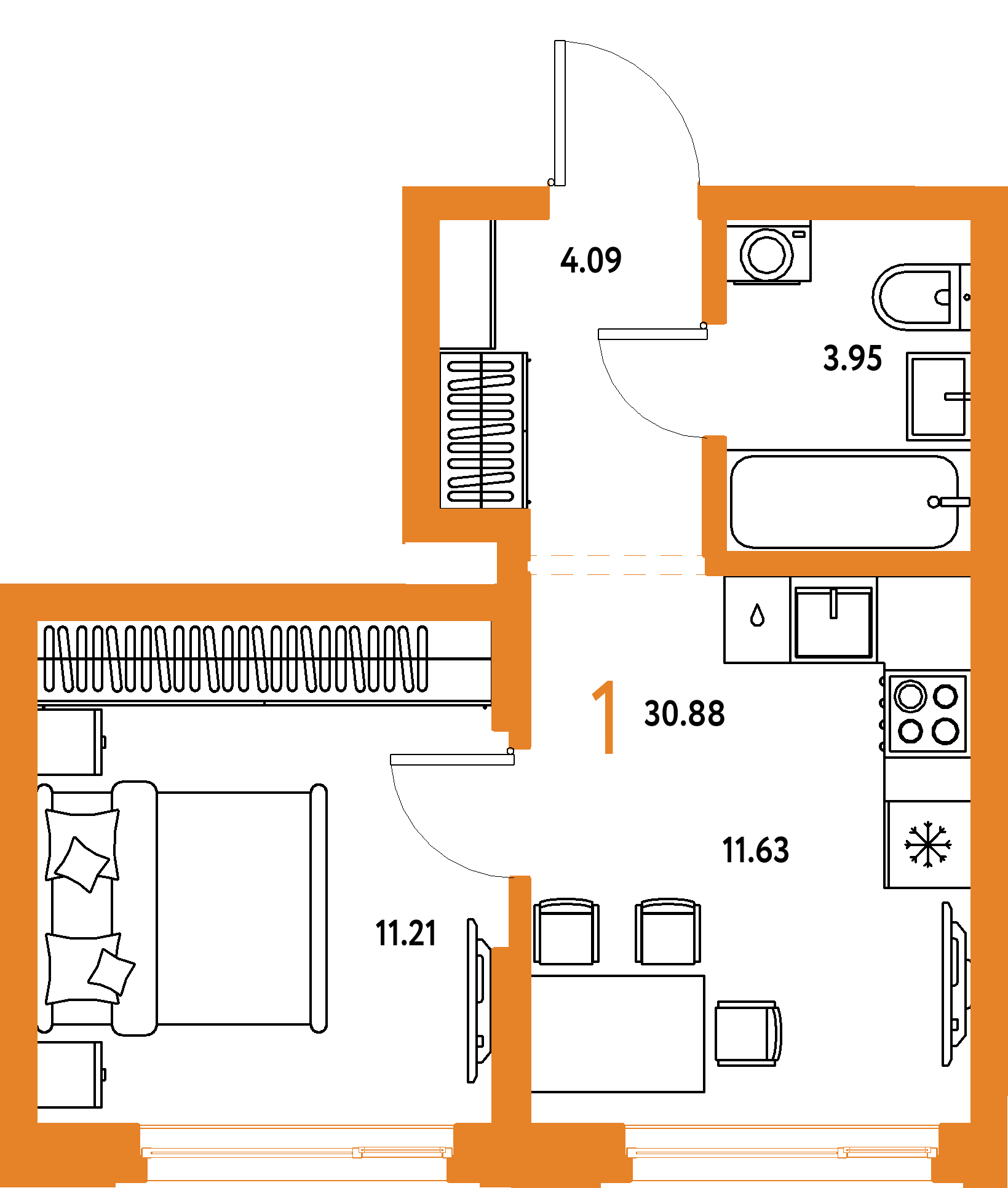 ЖК "Страна.Береговая"-1-комнатная 30.88 м²