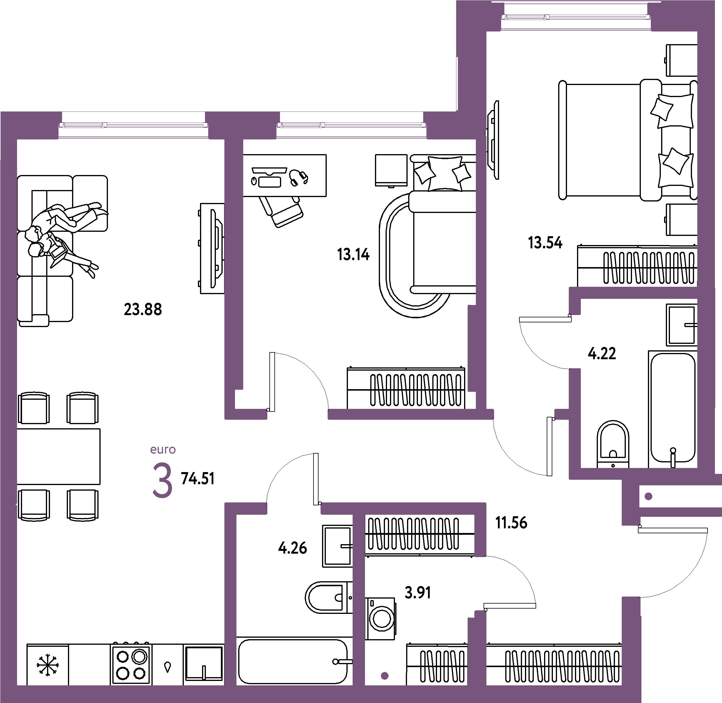 ЖК "Страна.Береговая"-3-комнатная 74.51 м²