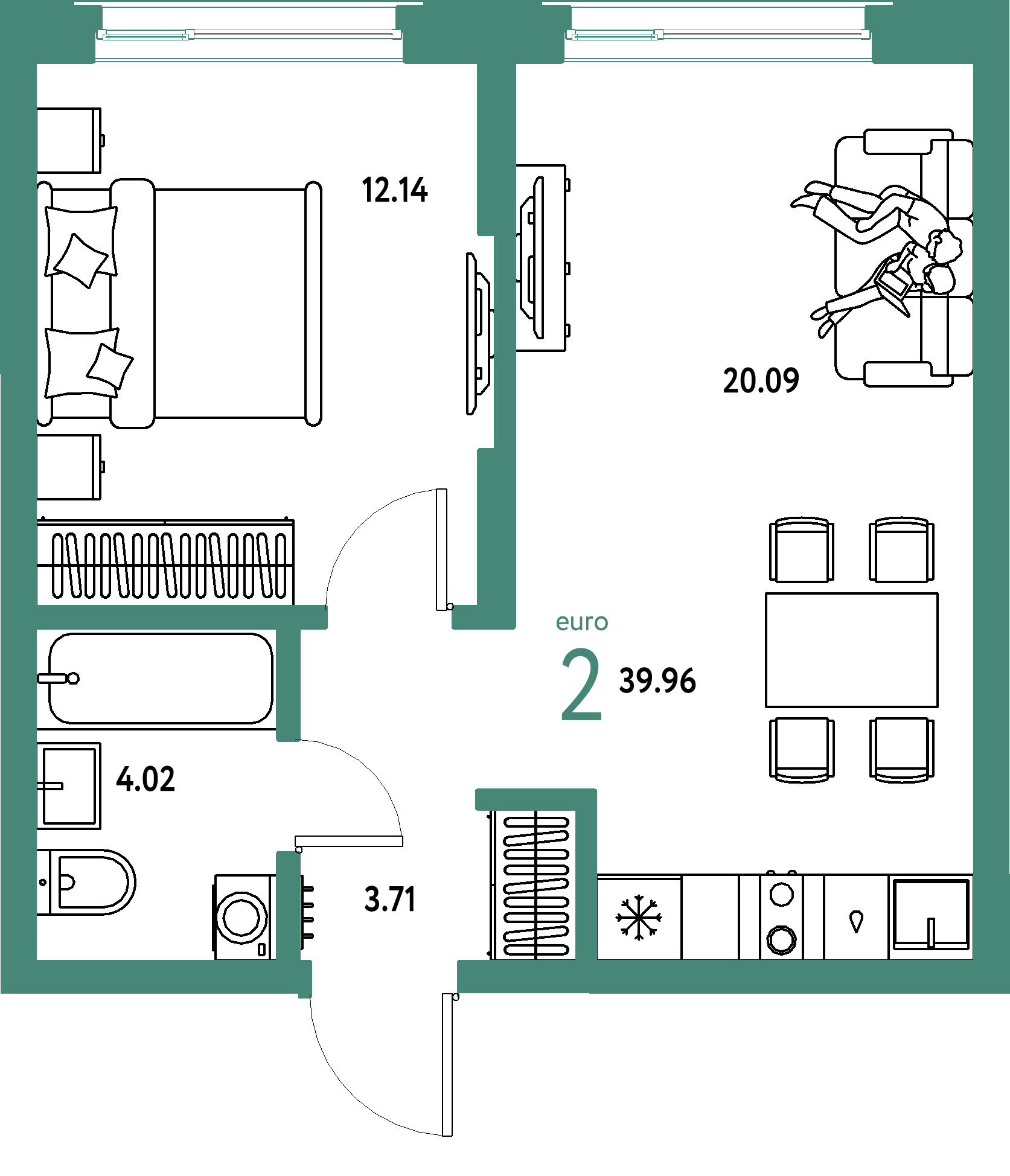 ЖК "Страна.Береговая"-2-комнатная 39.96 м²