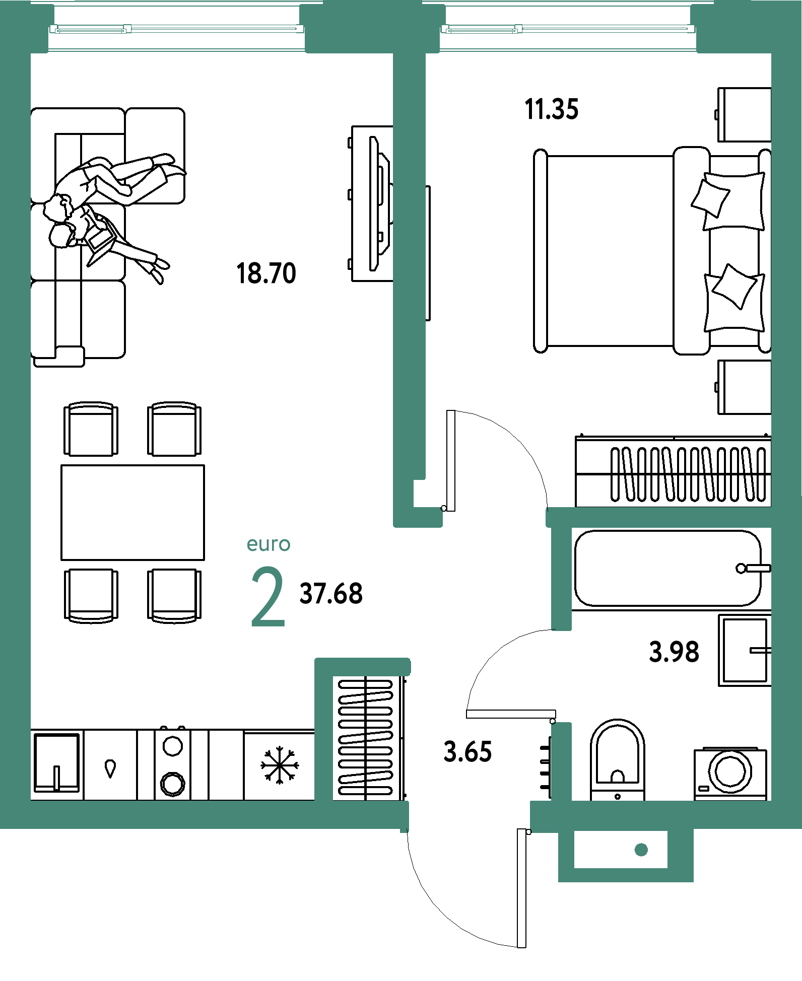 ЖК "Страна.Береговая"-2-комнатная 37.68 м²