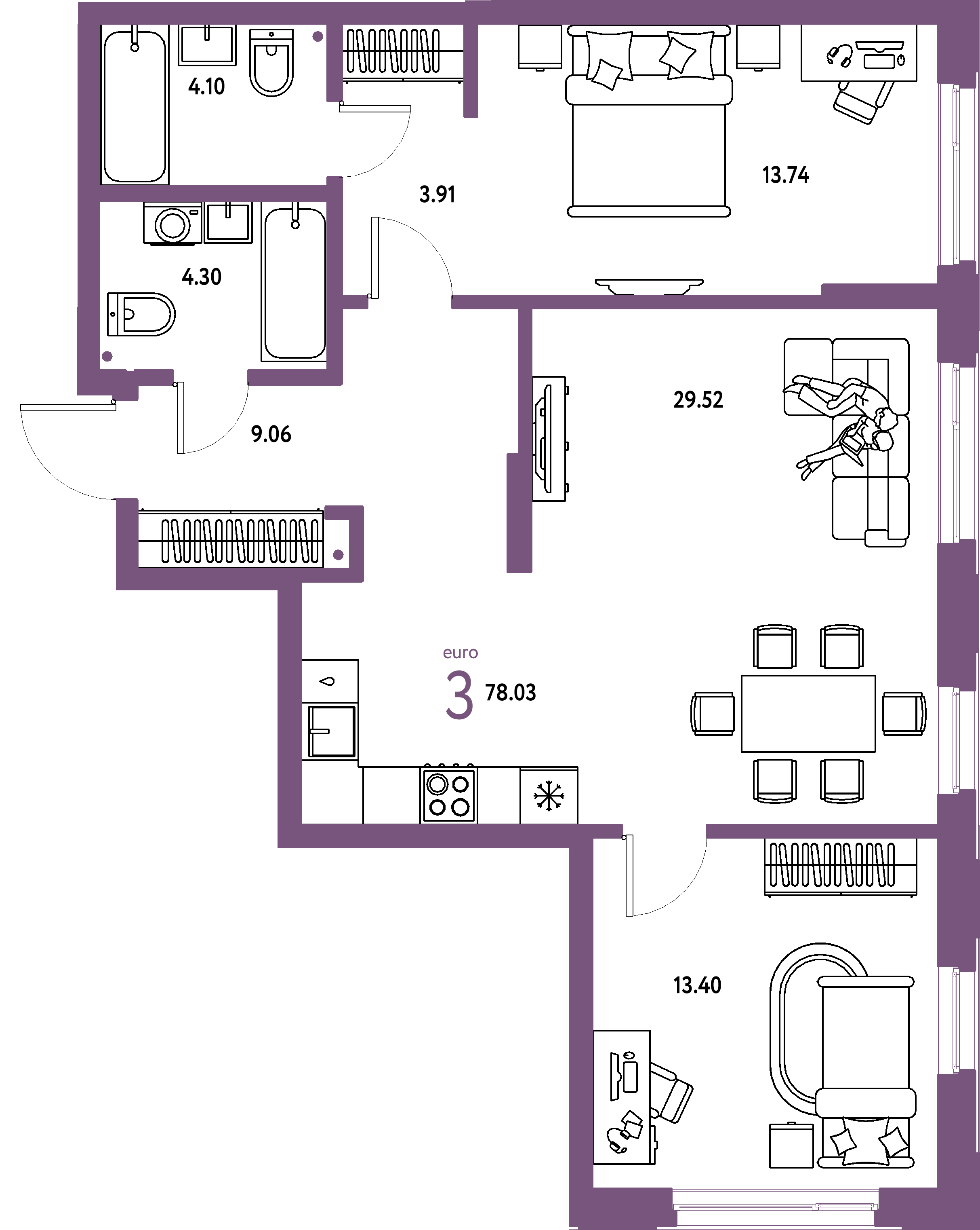 ЖК "Страна.Береговая"-3-комнатная 78.03 м²