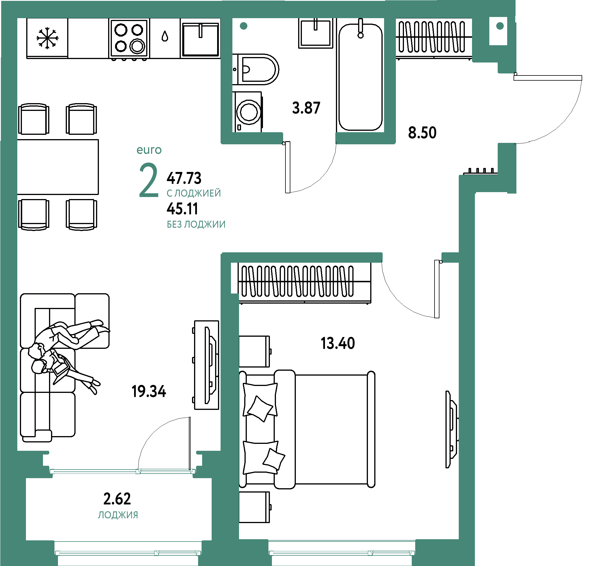 ЖК "Страна.Береговая"-2-комнатная 47.73 м²