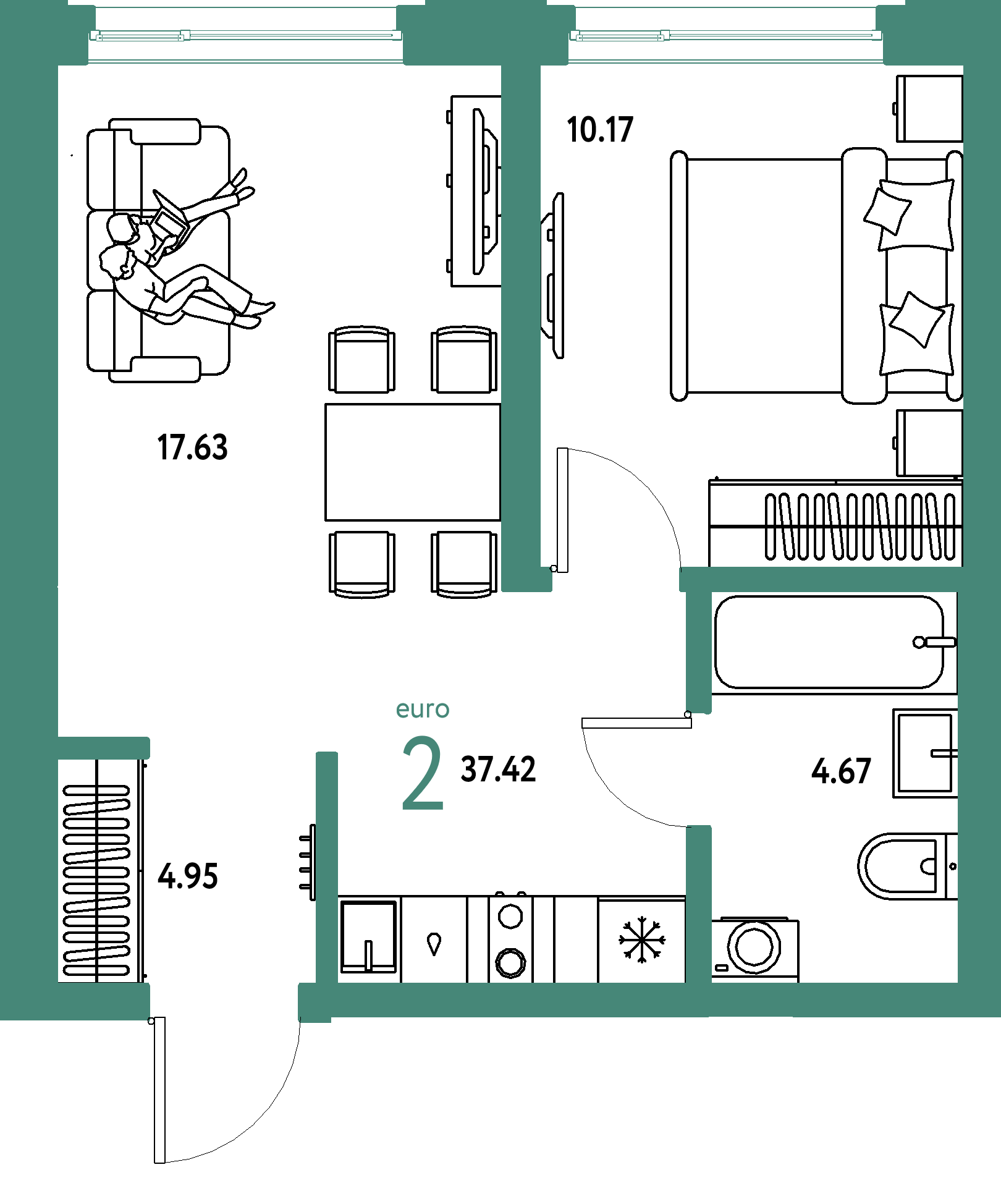 ЖК "Страна.Береговая"-2-комнатная 37.42 м²