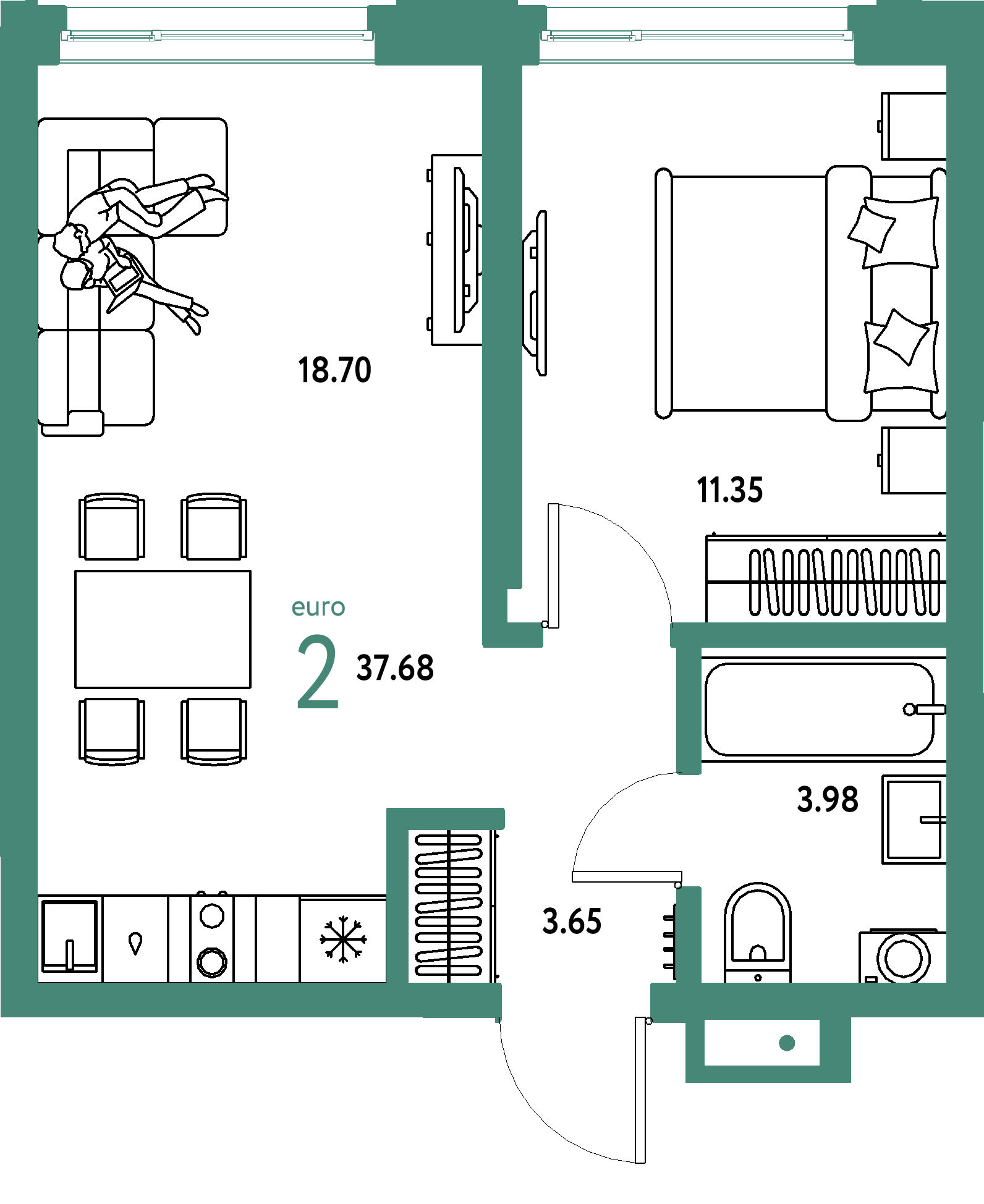 ЖК "Страна.Береговая"-2-комнатная 37.68 м²