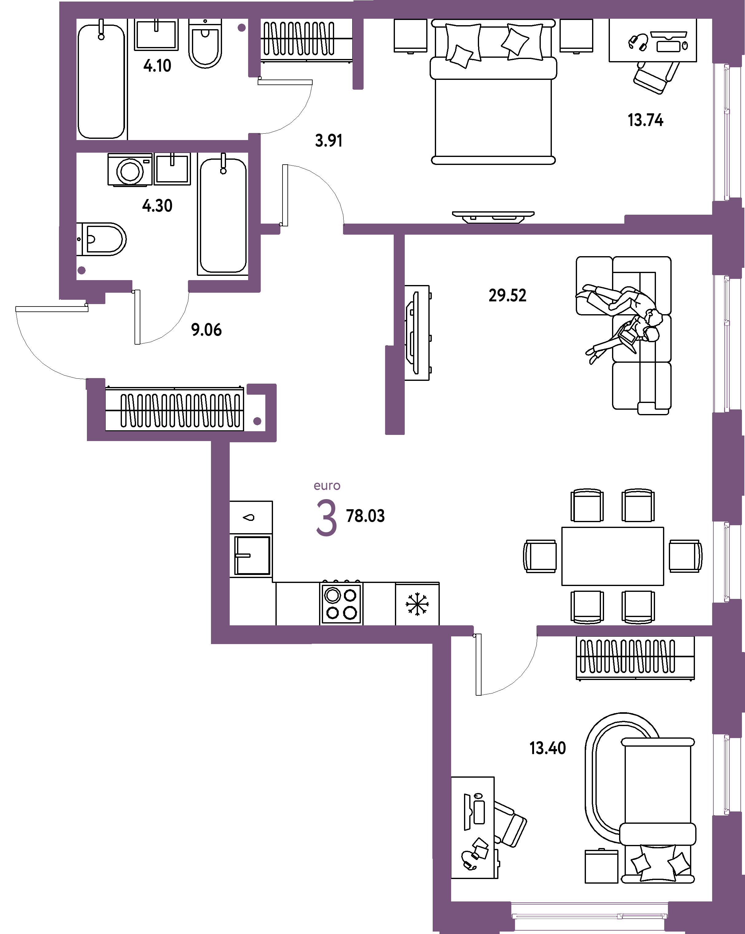 ЖК "Страна.Береговая"-3-комнатная 78.03 м²