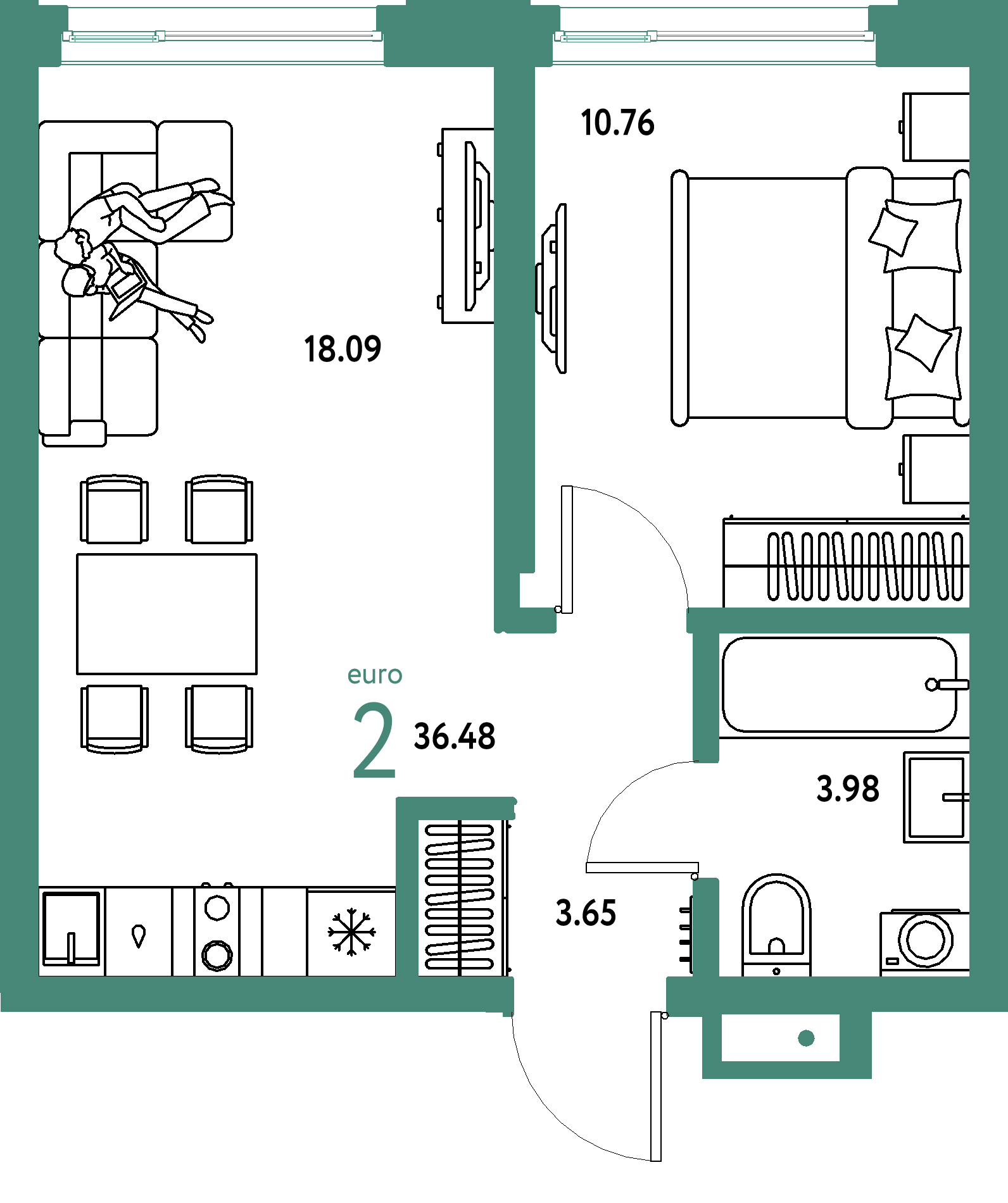 ЖК "Страна.Береговая"-2-комнатная 36.48 м²