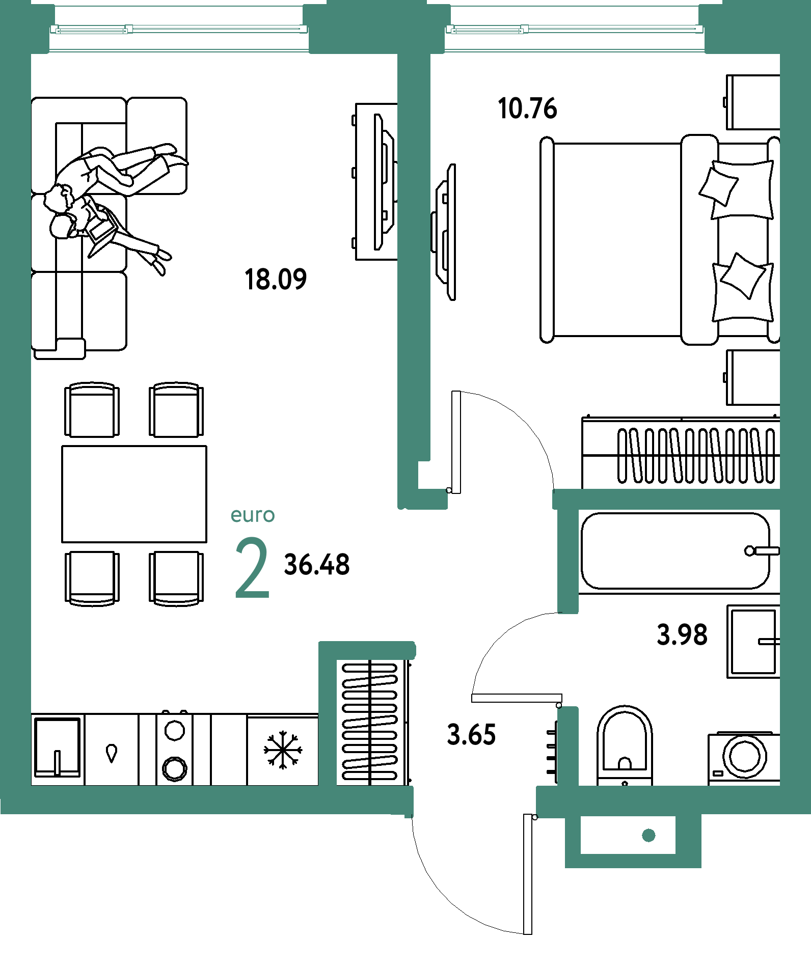 ЖК "Страна.Береговая"-2-комнатная 36.48 м²