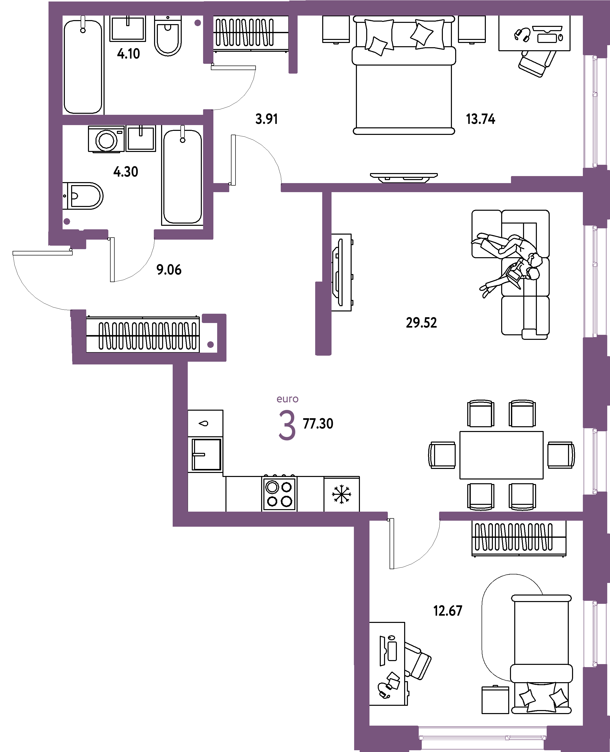 ЖК "Страна.Береговая"-3-комнатная 77.3 м²