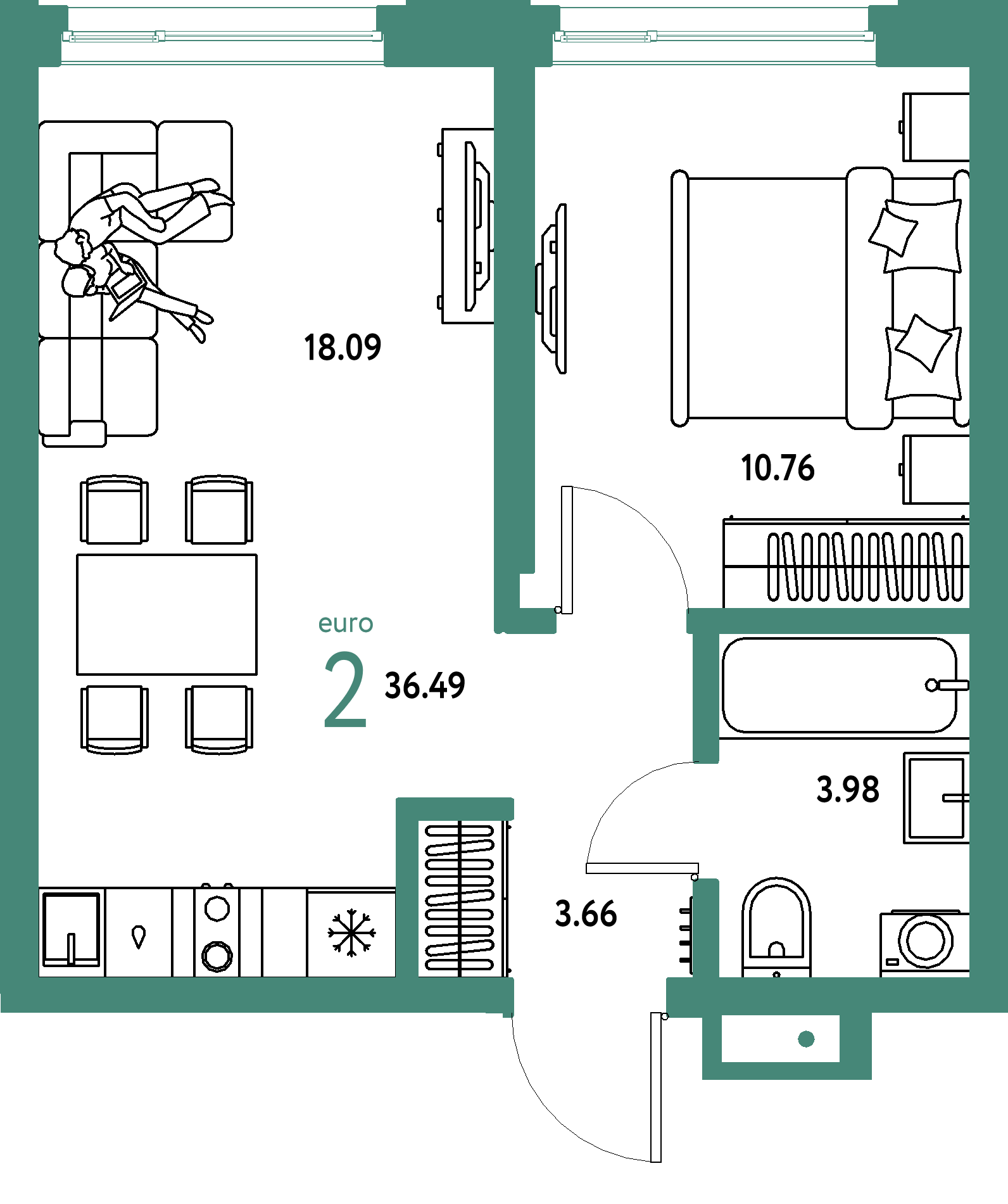 ЖК "Страна.Береговая"-2-комнатная 36.49 м²