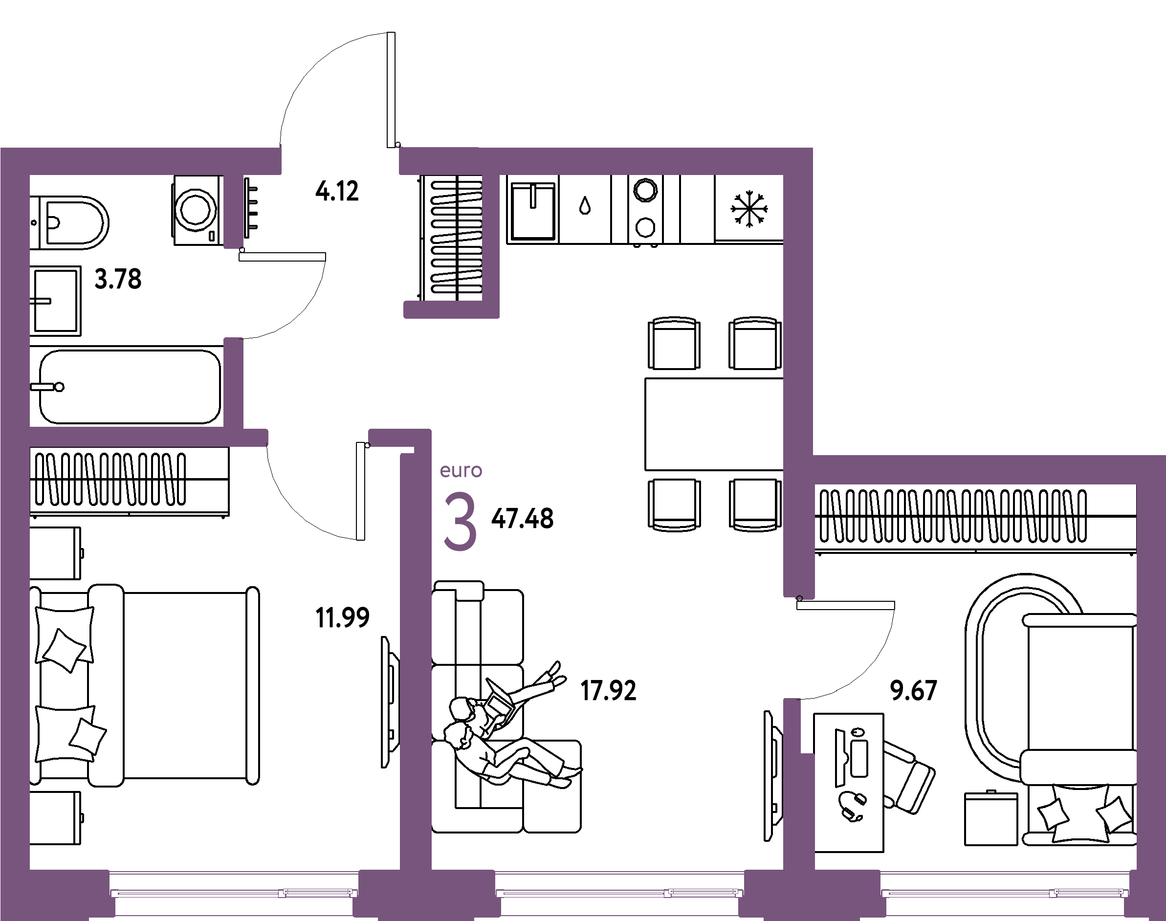 ЖК "Страна.Береговая"-3-комнатная 47.48 м²