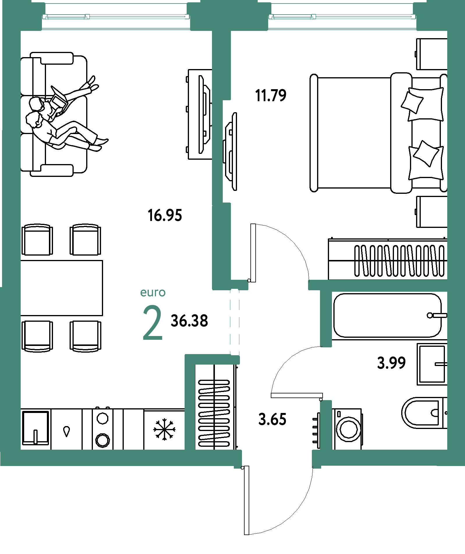 ЖК "Страна.Береговая"-2-комнатная 36.38 м²
