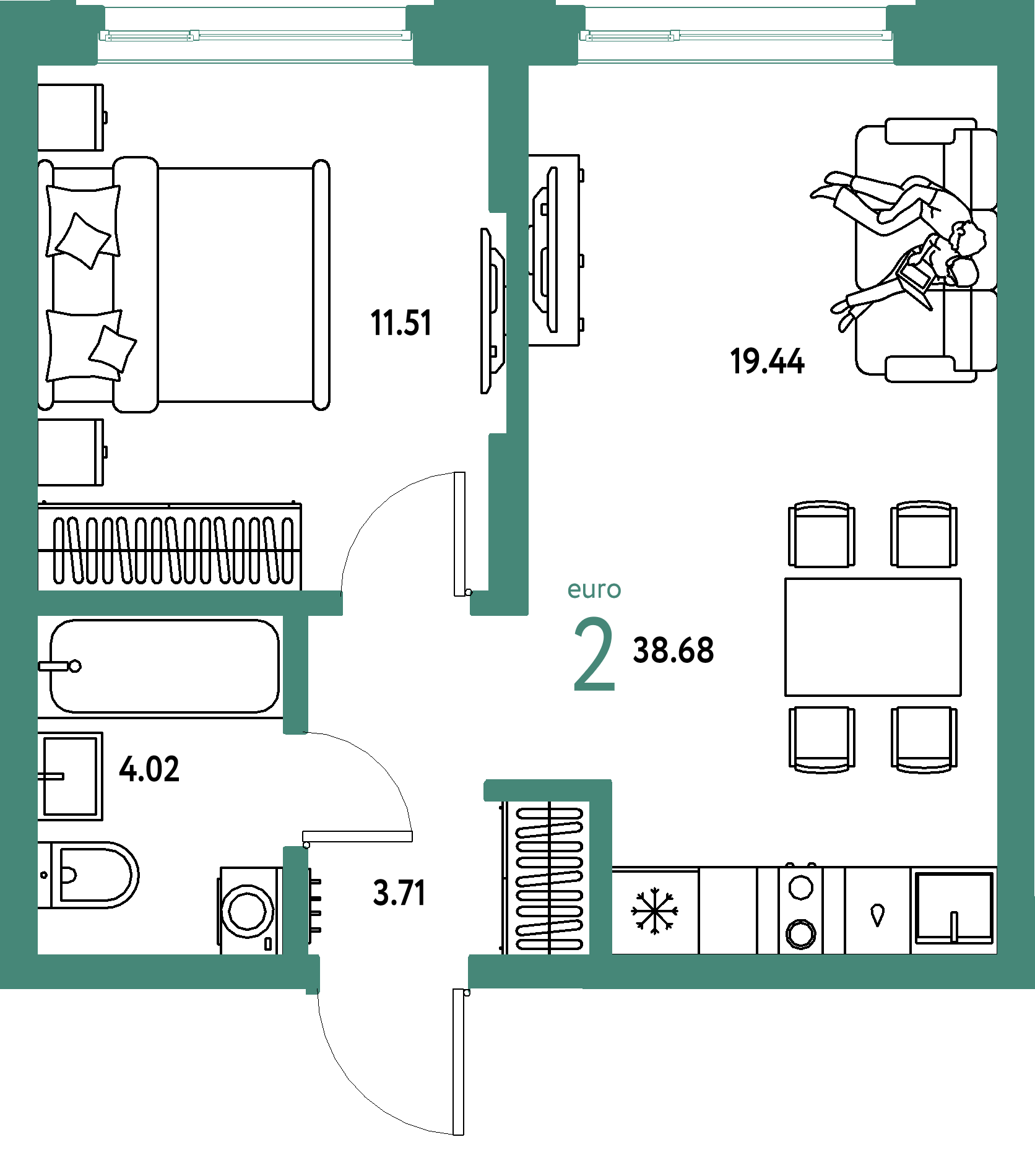 ЖК "Страна.Береговая"-2-комнатная 38.68 м²