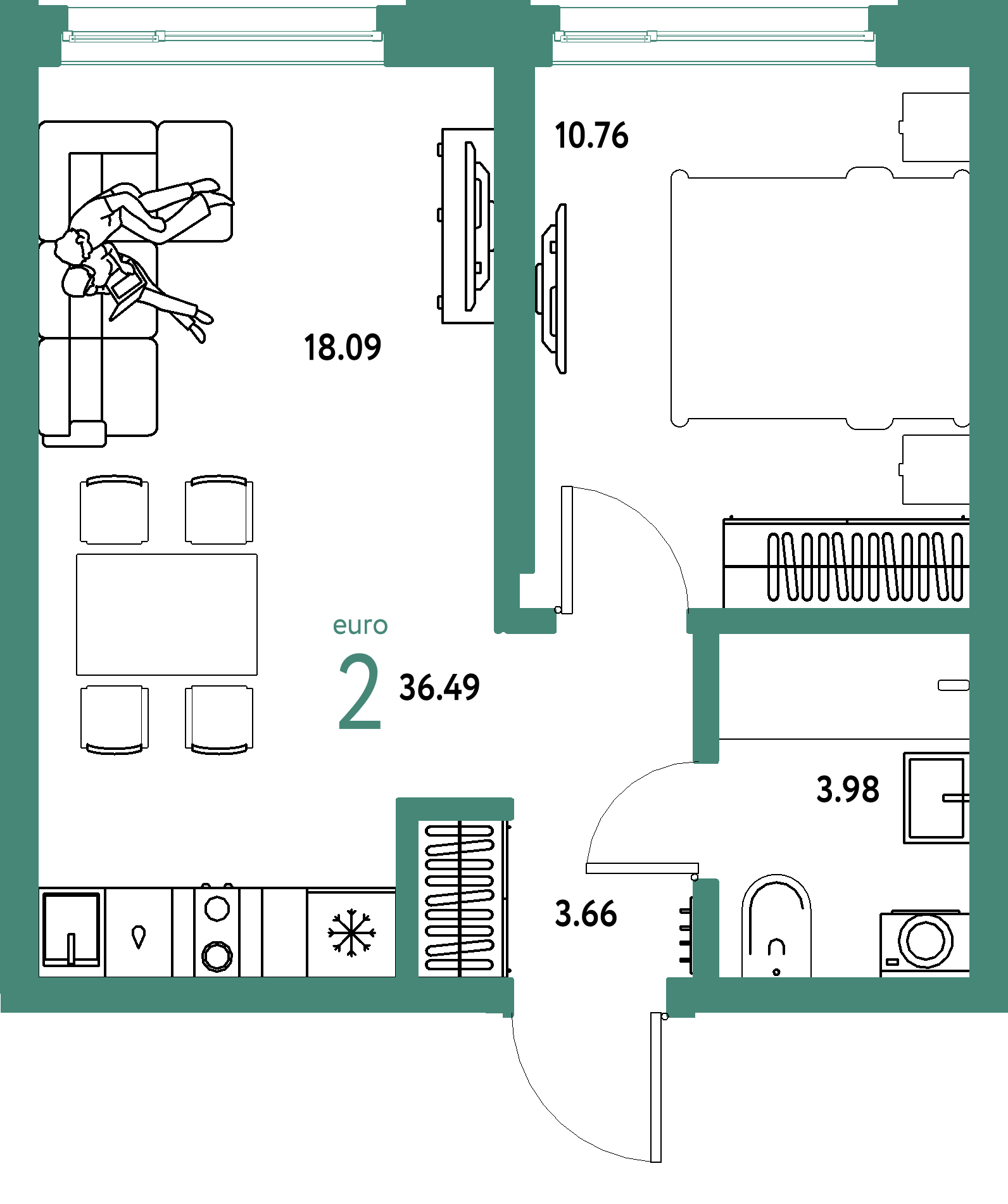 ЖК "Страна.Береговая"-2-комнатная 36.49 м²