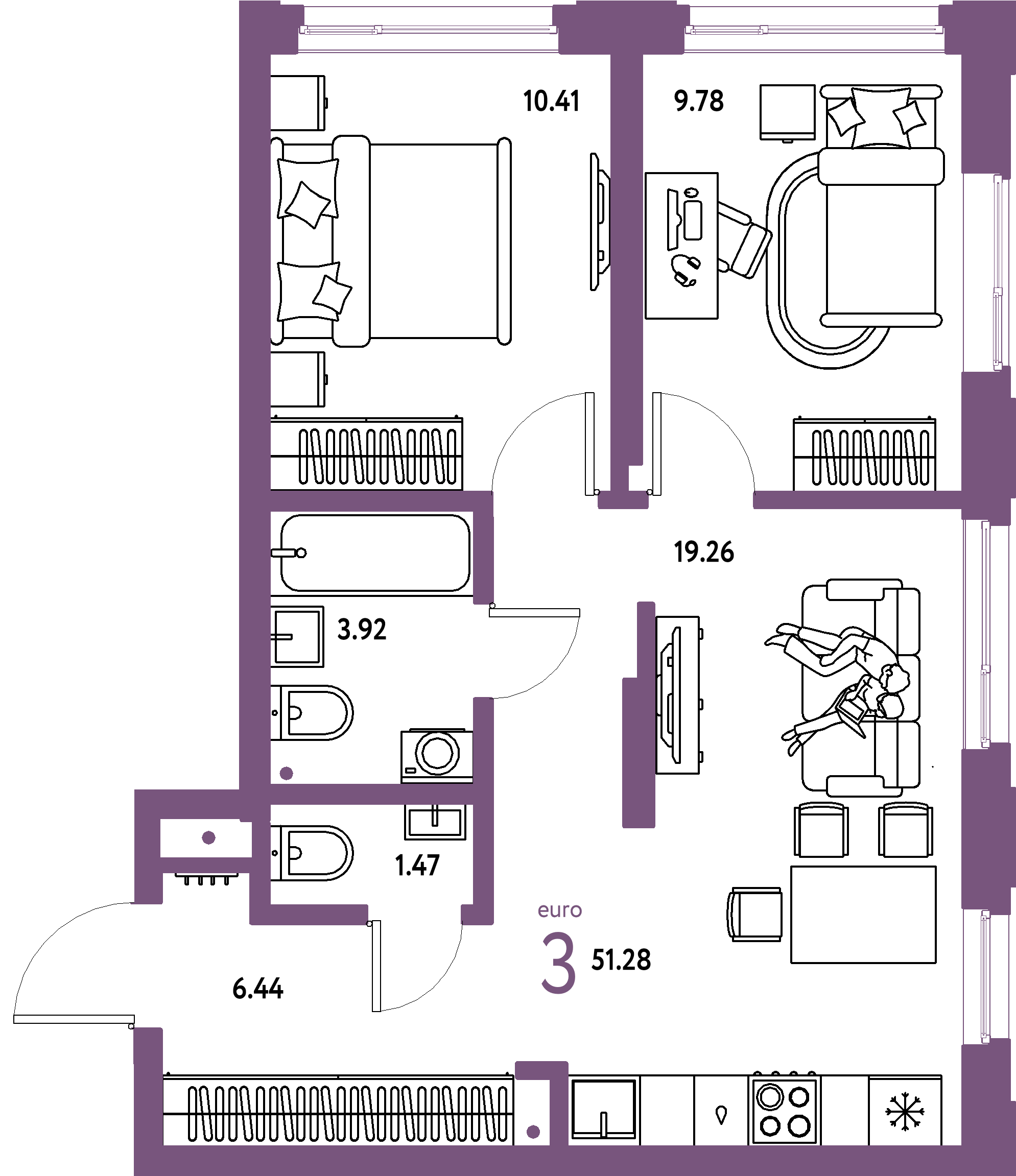 ЖК "Страна.Береговая"-3-комнатная 51.28 м²