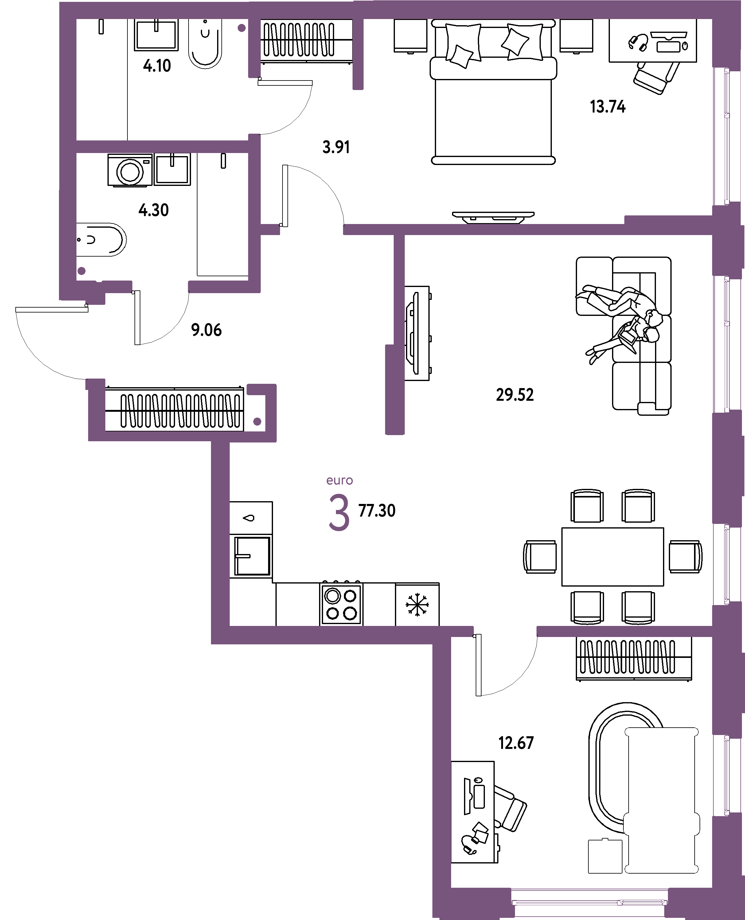 ЖК "Страна.Береговая"-3-комнатная 77.3 м²