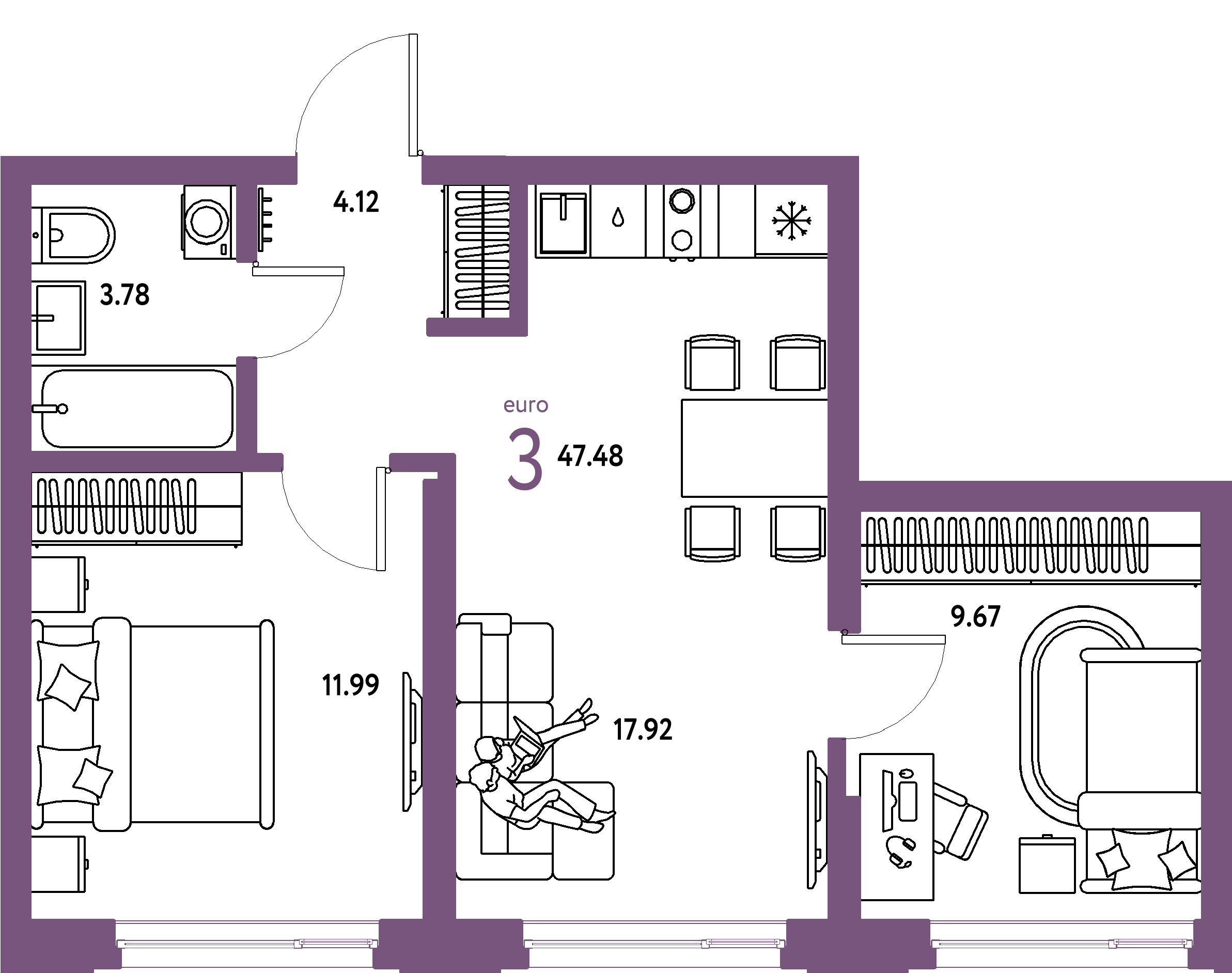 ЖК "Страна.Береговая"-3-комнатная 47.48 м²