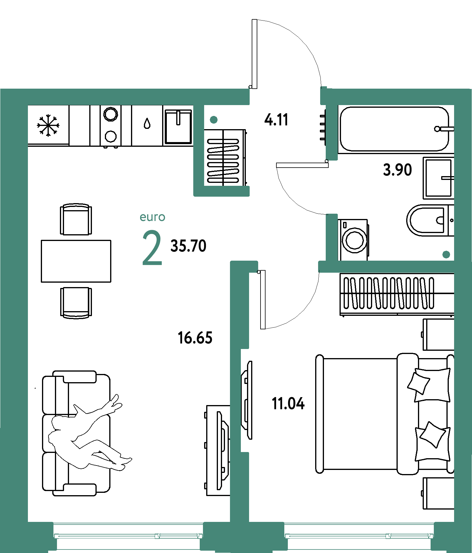 ЖК "Страна.Береговая"-2-комнатная 35.7 м²