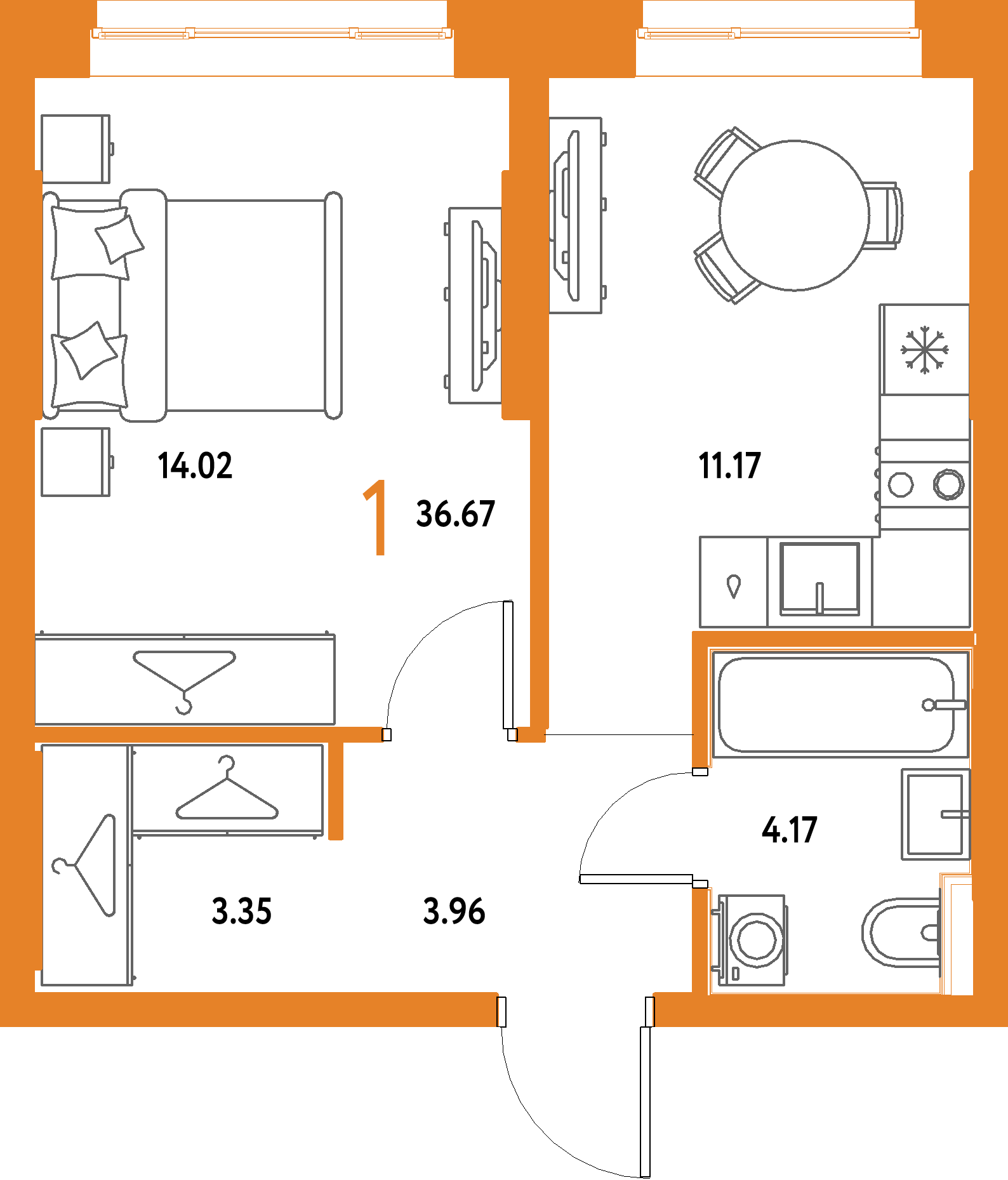 ЖК "Страна.Парковая"-1-комнатная 36.67 м²