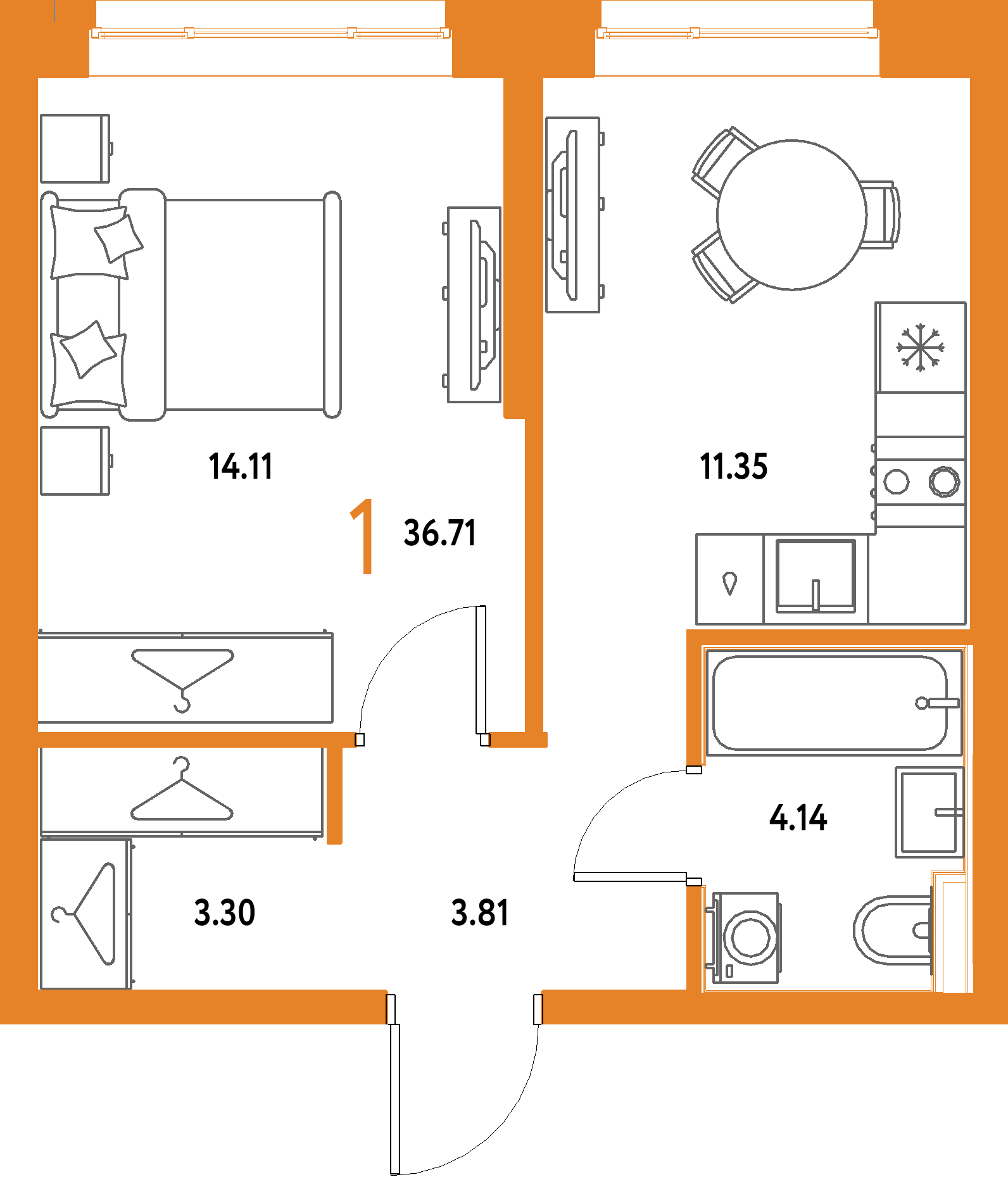 ЖК "Страна.Парковая"-1-комнатная 36.71 м²