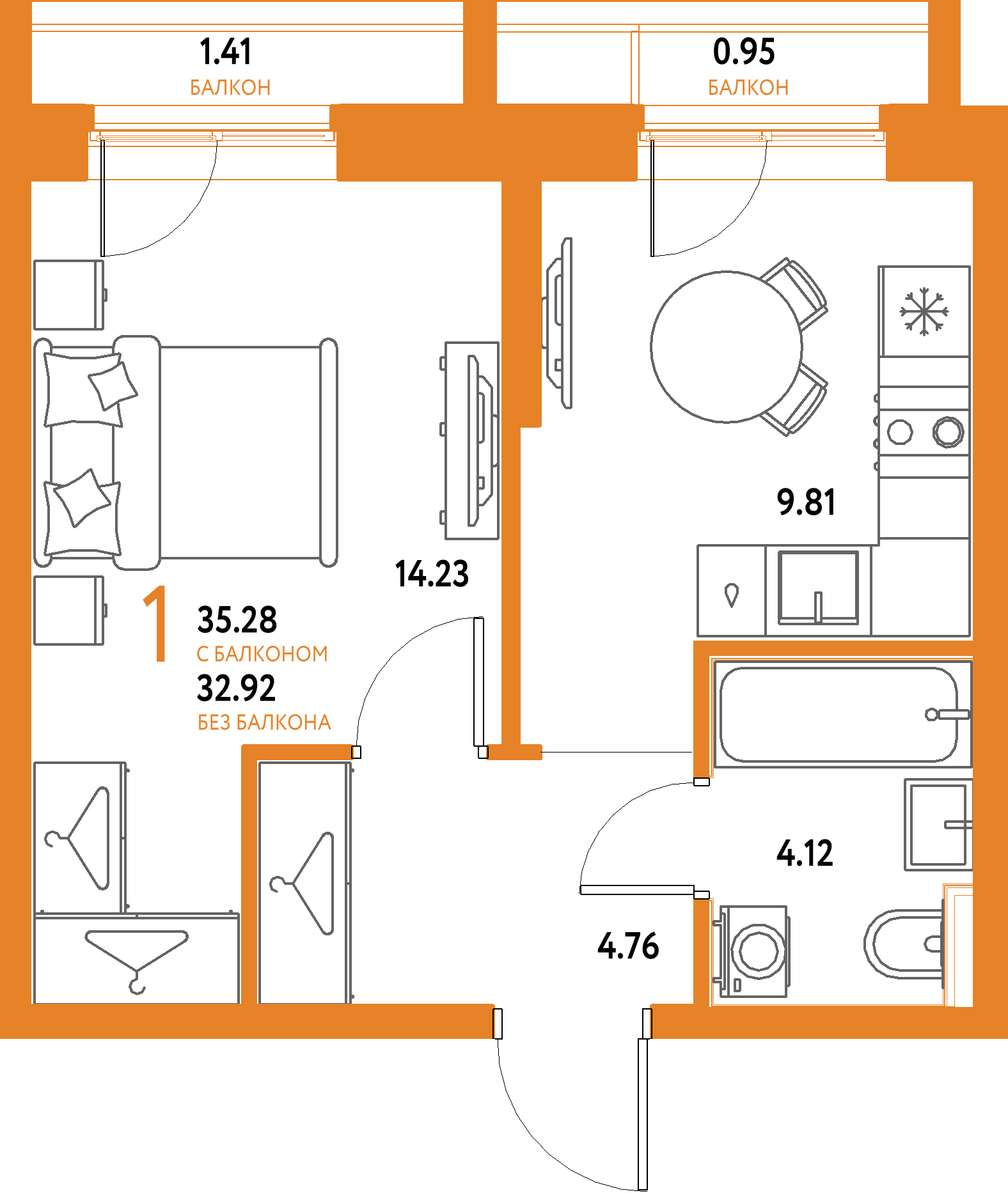 ЖК "Страна.Парковая"-1-комнатная 35.28 м²