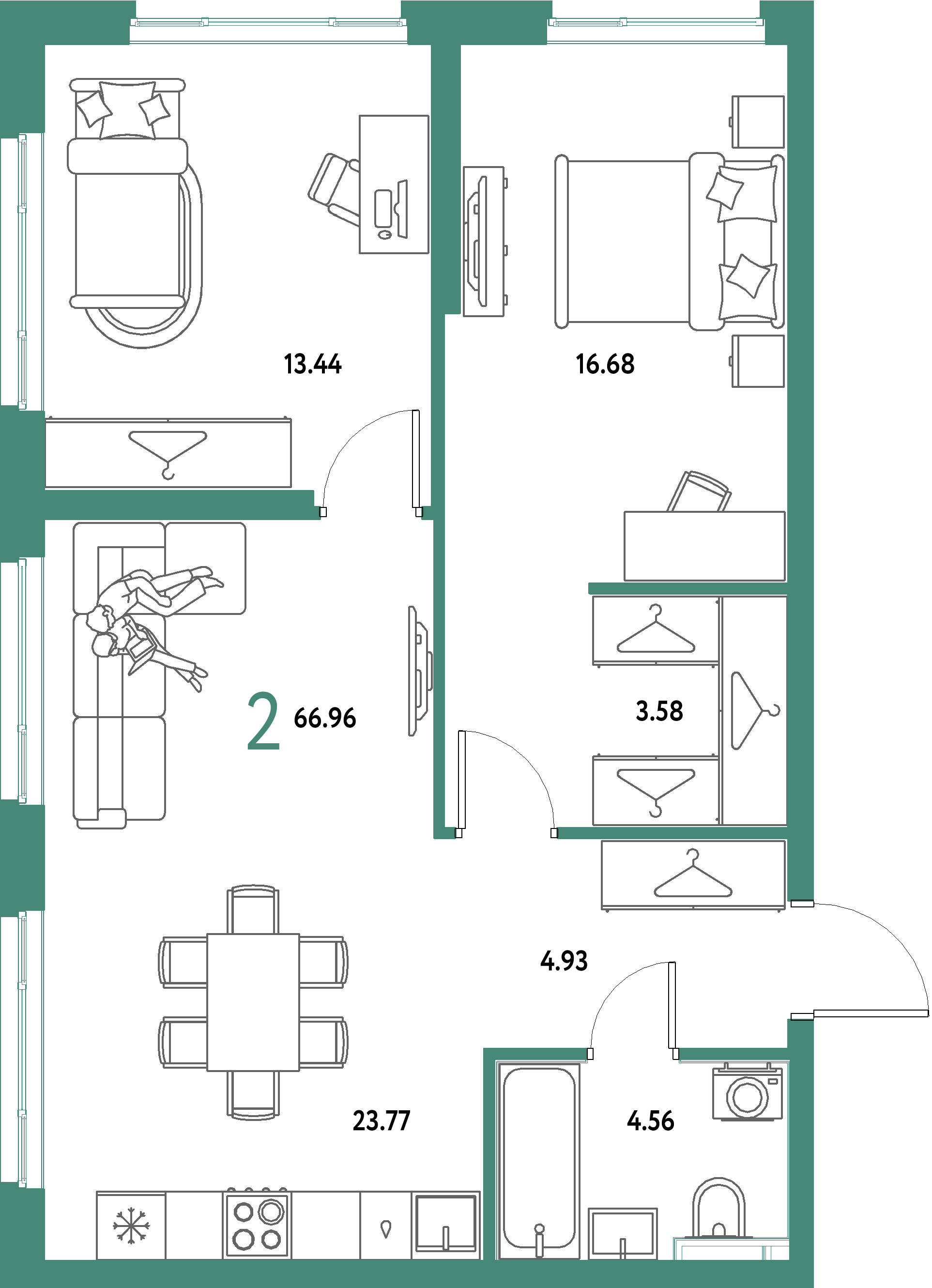 ЖК "Страна.Парковая"-2-комнатная 66.96 м²