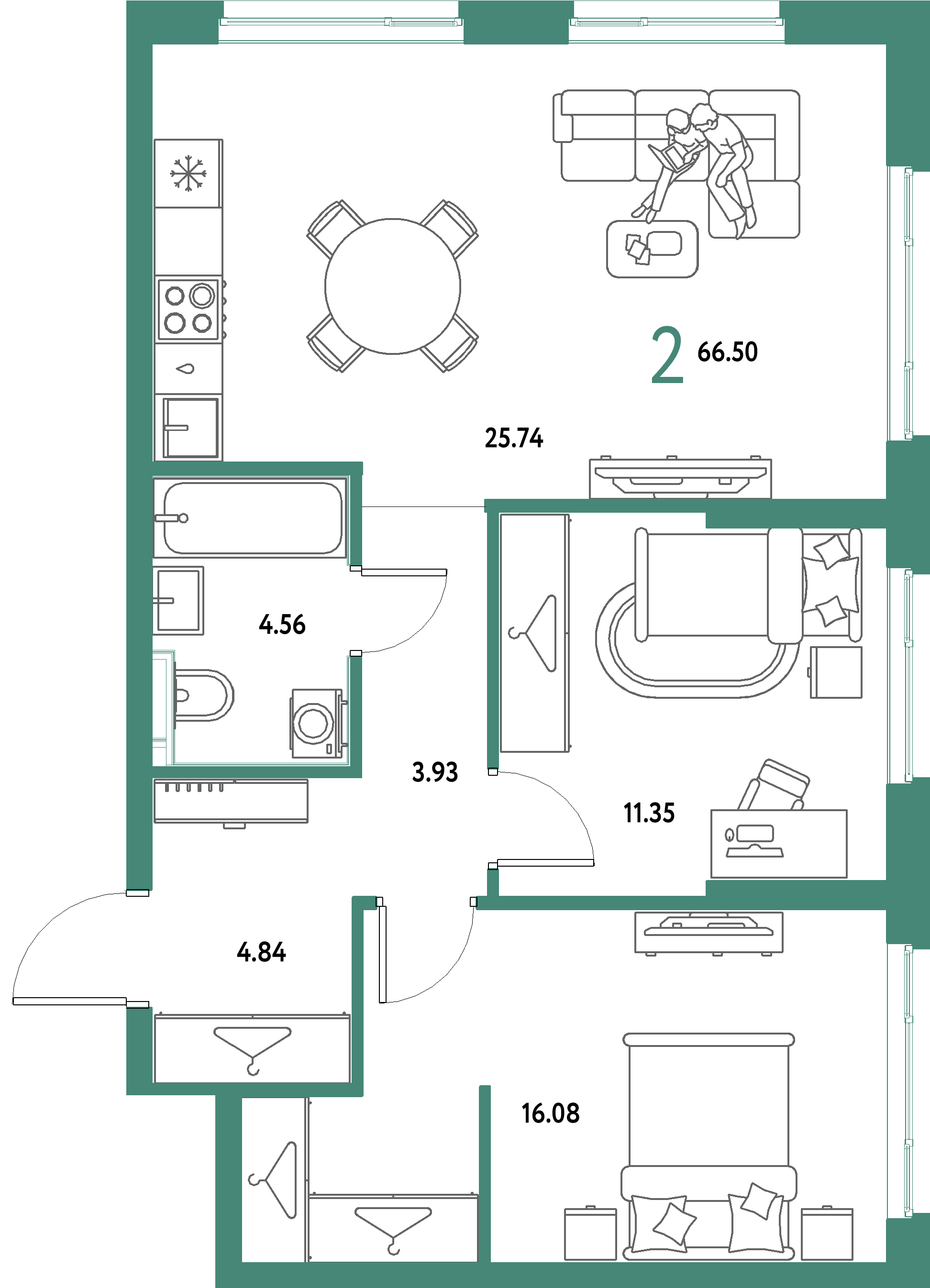 ЖК "Страна.Парковая"-2-комнатная 66.5 м²
