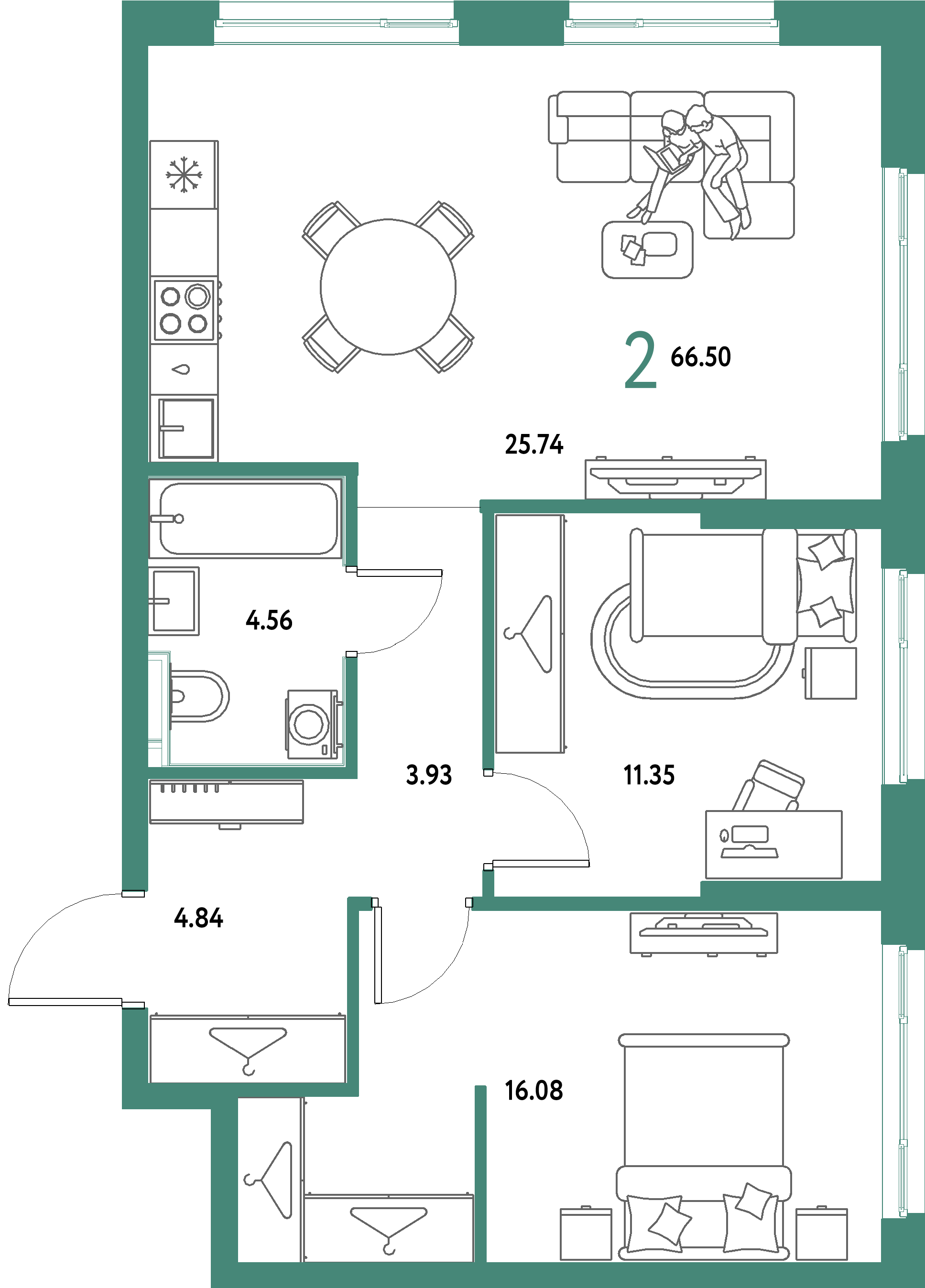 ЖК "Страна.Парковая"-2-комнатная 66.5 м²
