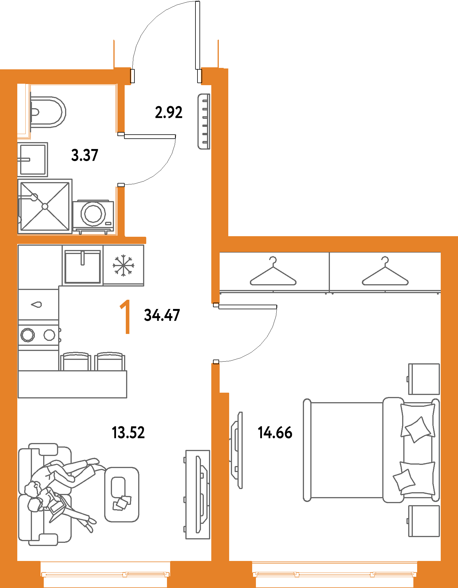 ЖК "Страна.Парковая"-1-комнатная 34.47 м²