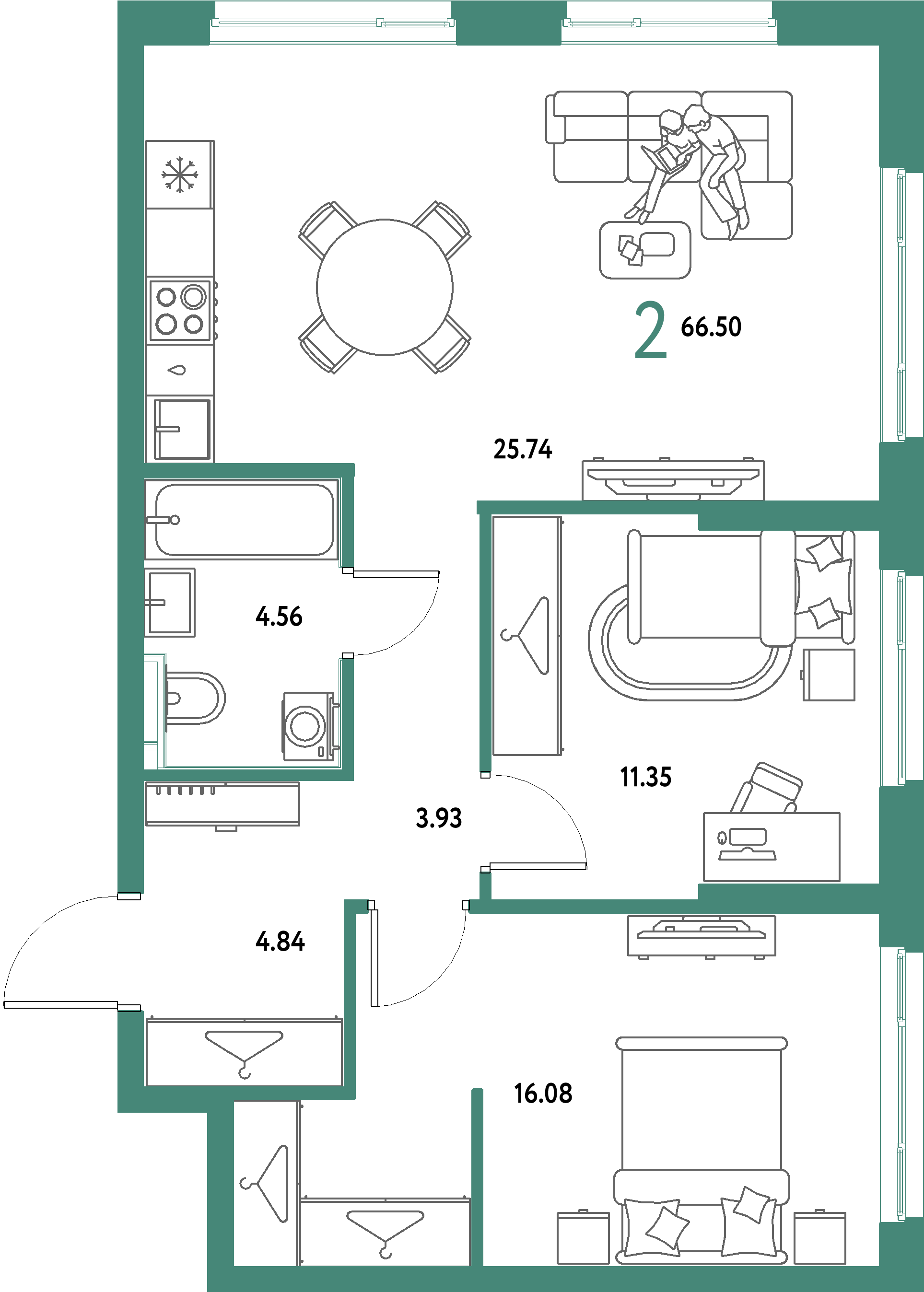 ЖК "Страна.Парковая"-2-комнатная 66.5 м²