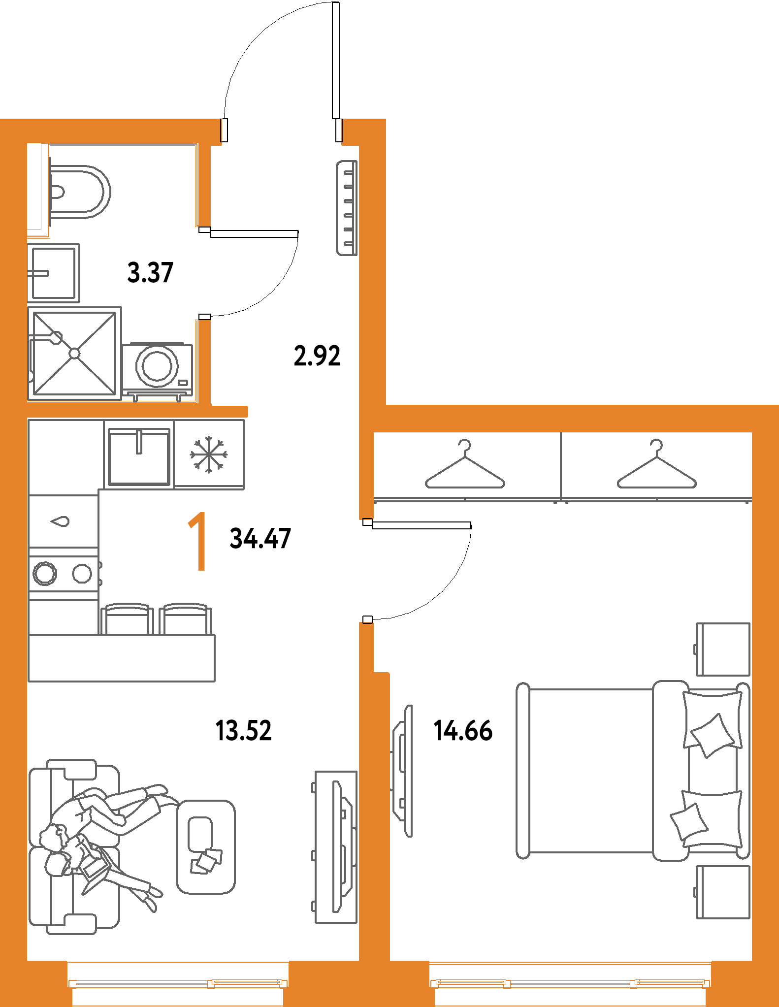 ЖК "Страна.Парковая"-1-комнатная 34.47 м²