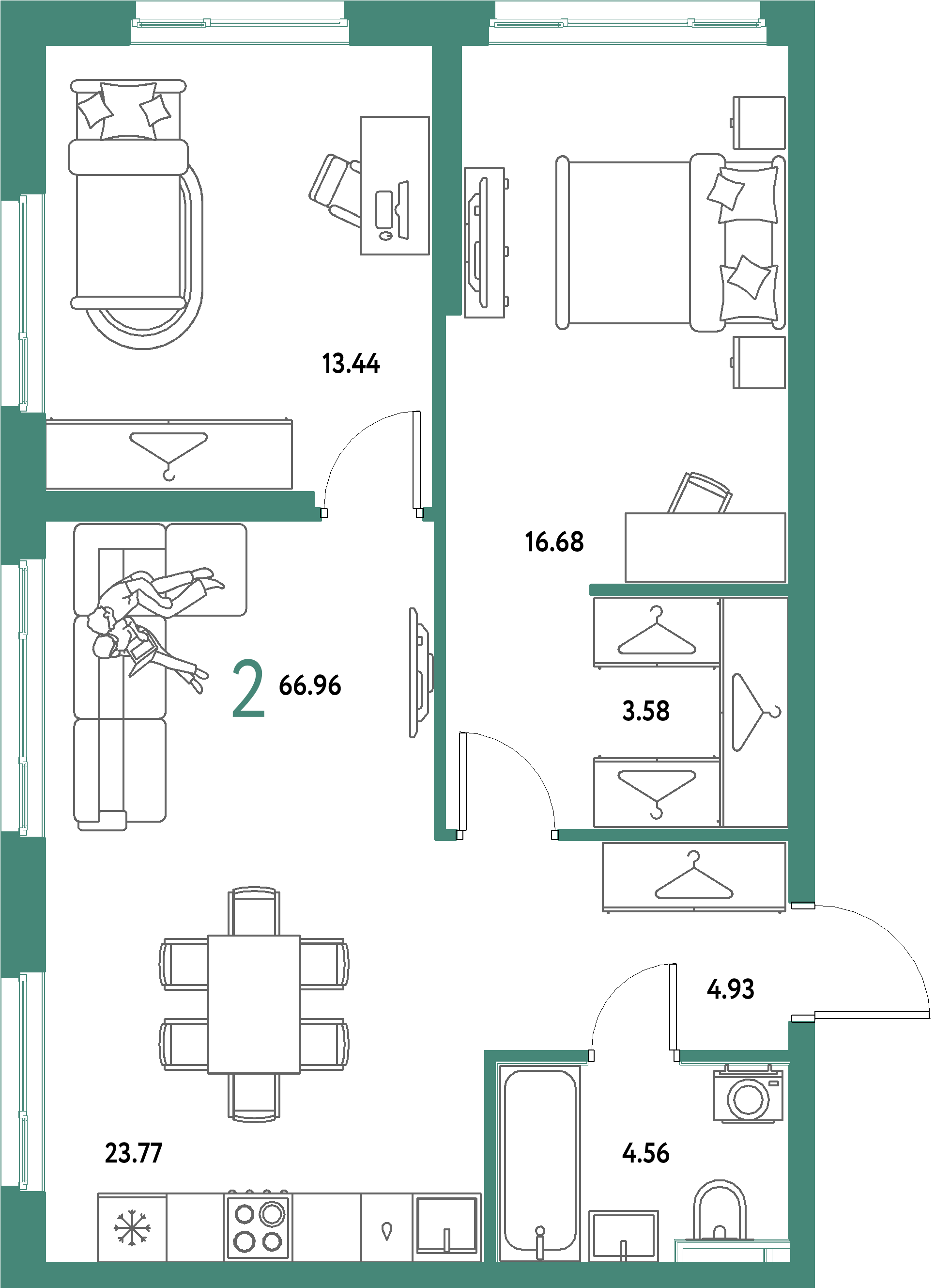 ЖК "Страна.Парковая"-2-комнатная 66.96 м²