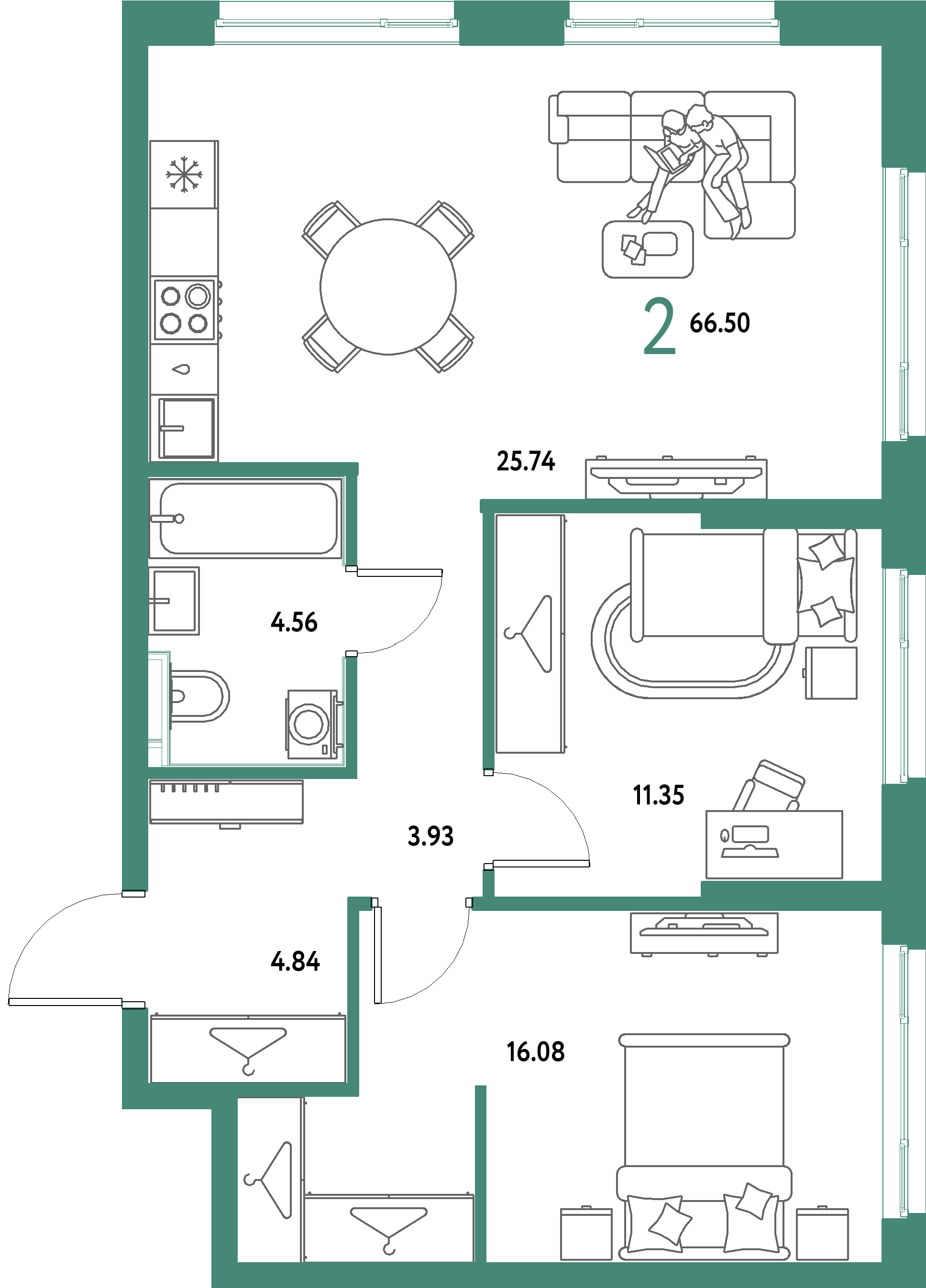 ЖК "Страна.Парковая"-2-комнатная 66.5 м²