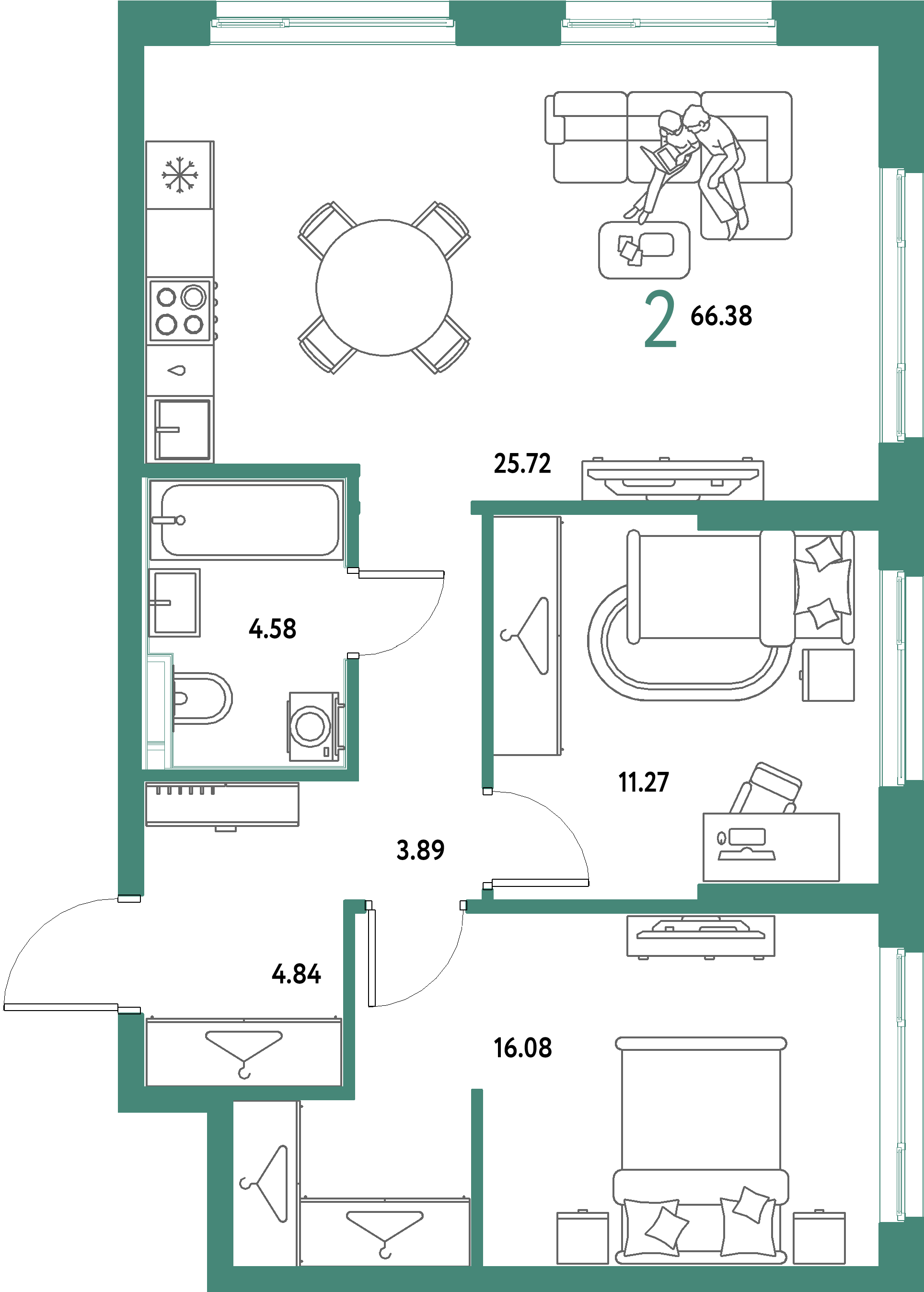 ЖК "Страна.Парковая"-2-комнатная 66.38 м²