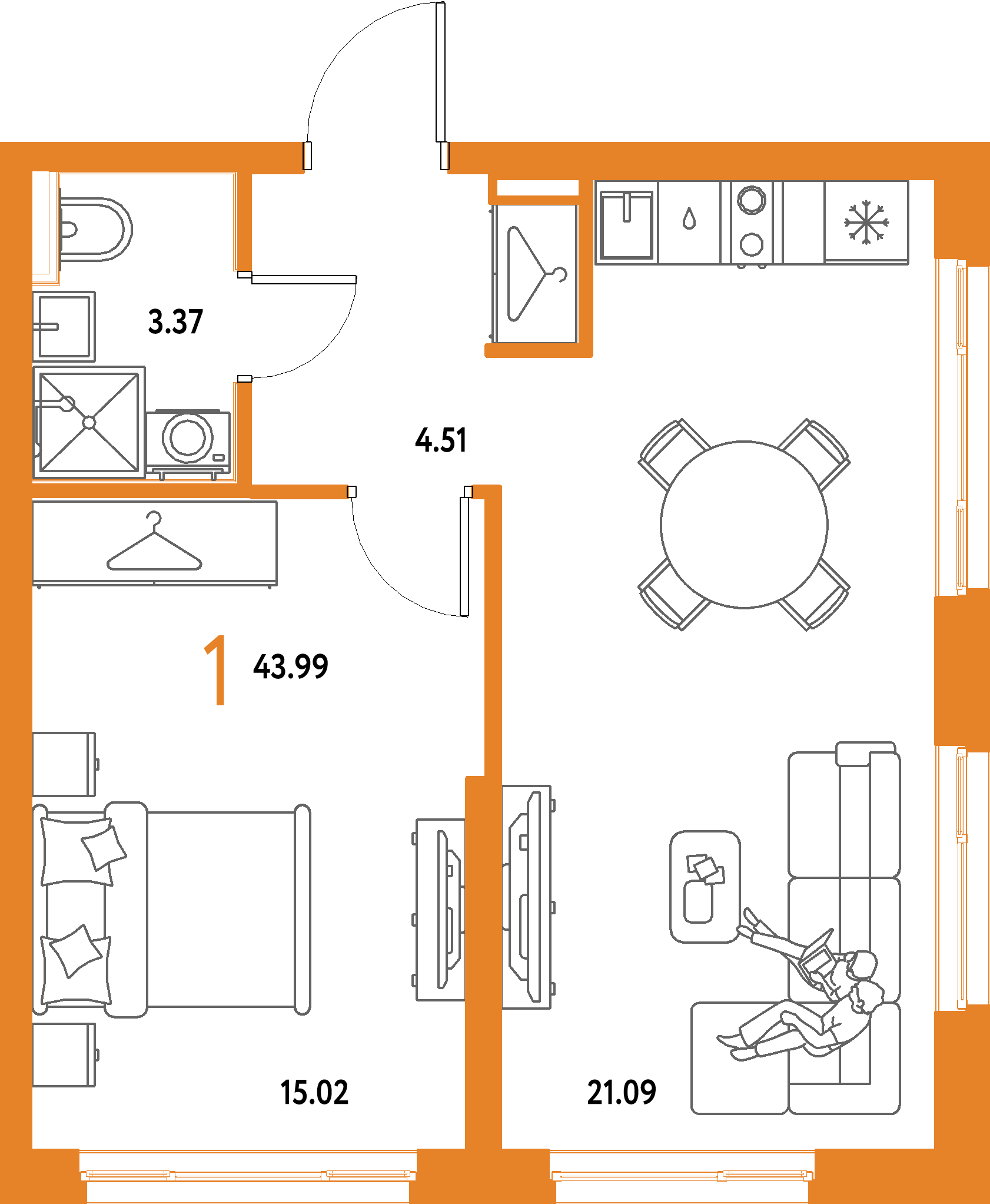 ЖК "Страна.Парковая"-1-комнатная 43.99 м²
