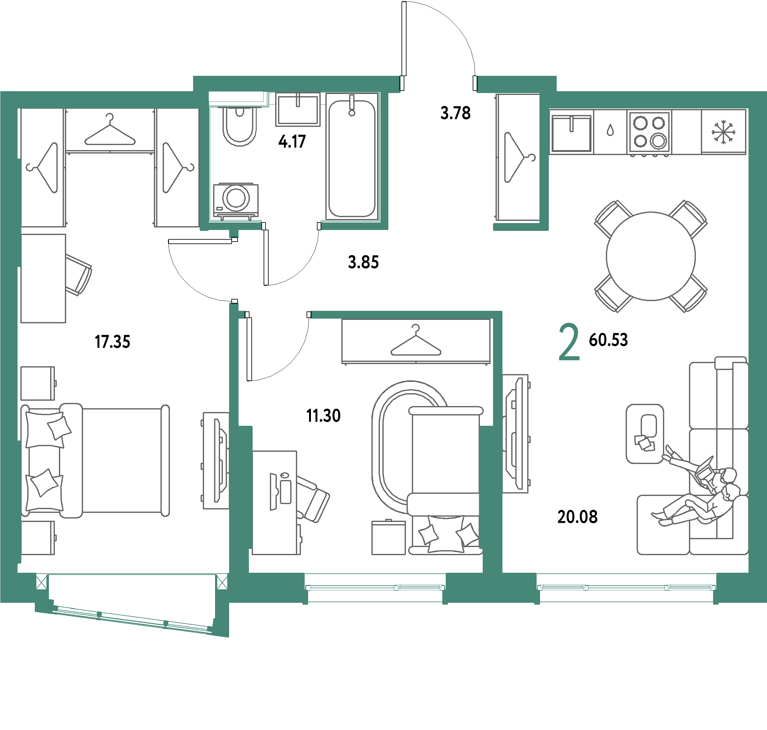 ЖК "Страна.Парковая"-2-комнатная 60.53 м²