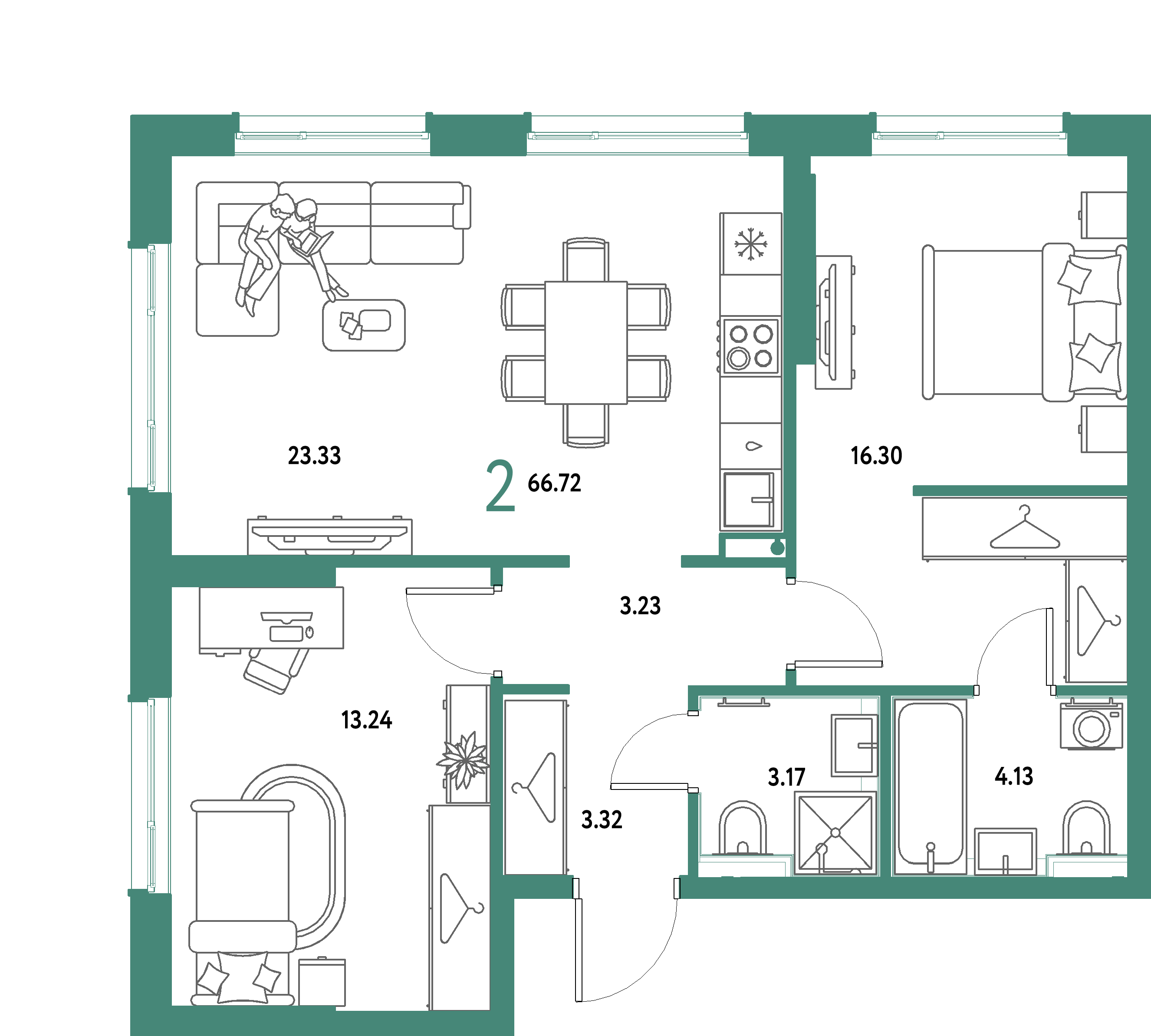 ЖК "Страна.Парковая"-2-комнатная 66.72 м²