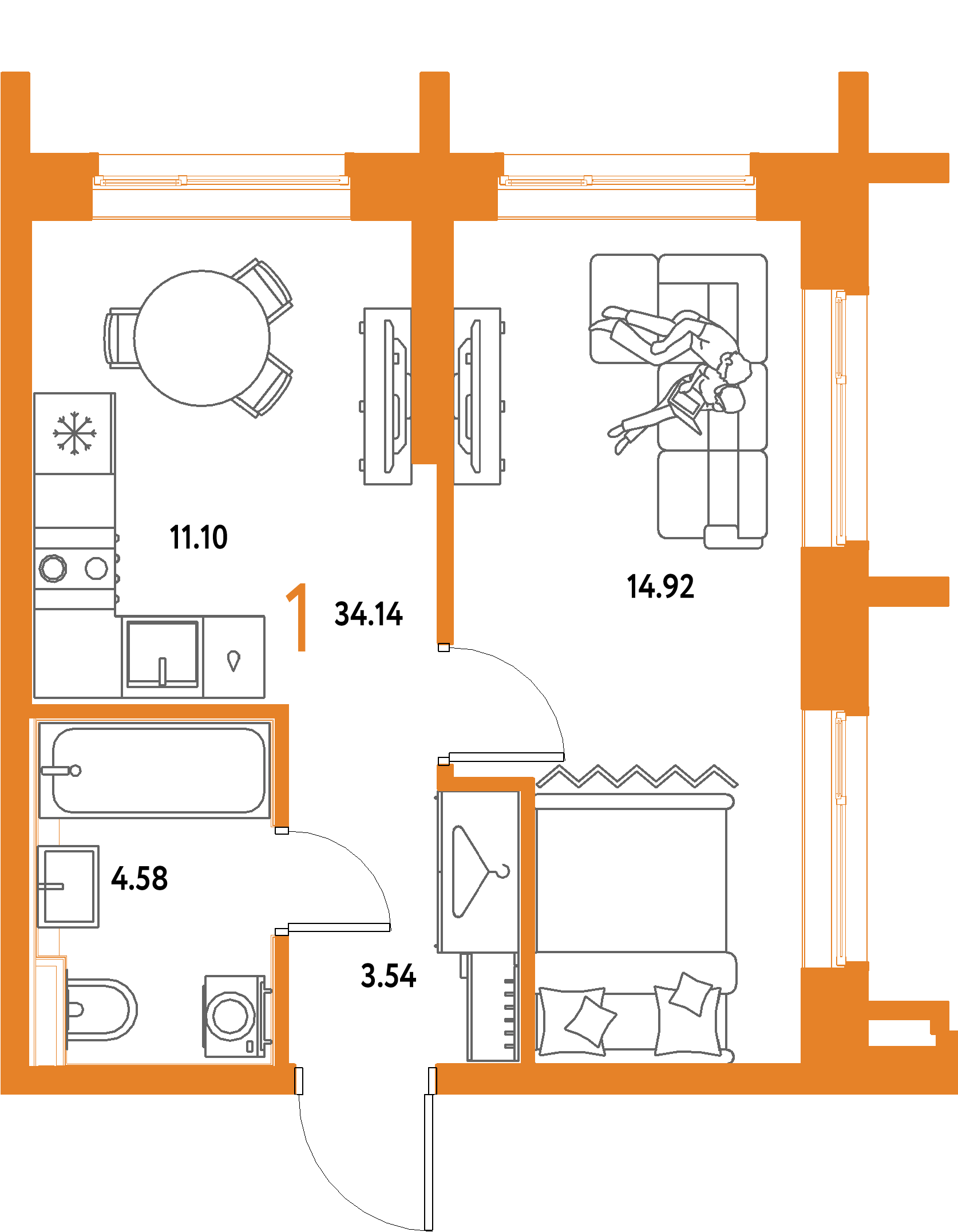 ЖК "Страна.Парковая"-1-комнатная 34.14 м²