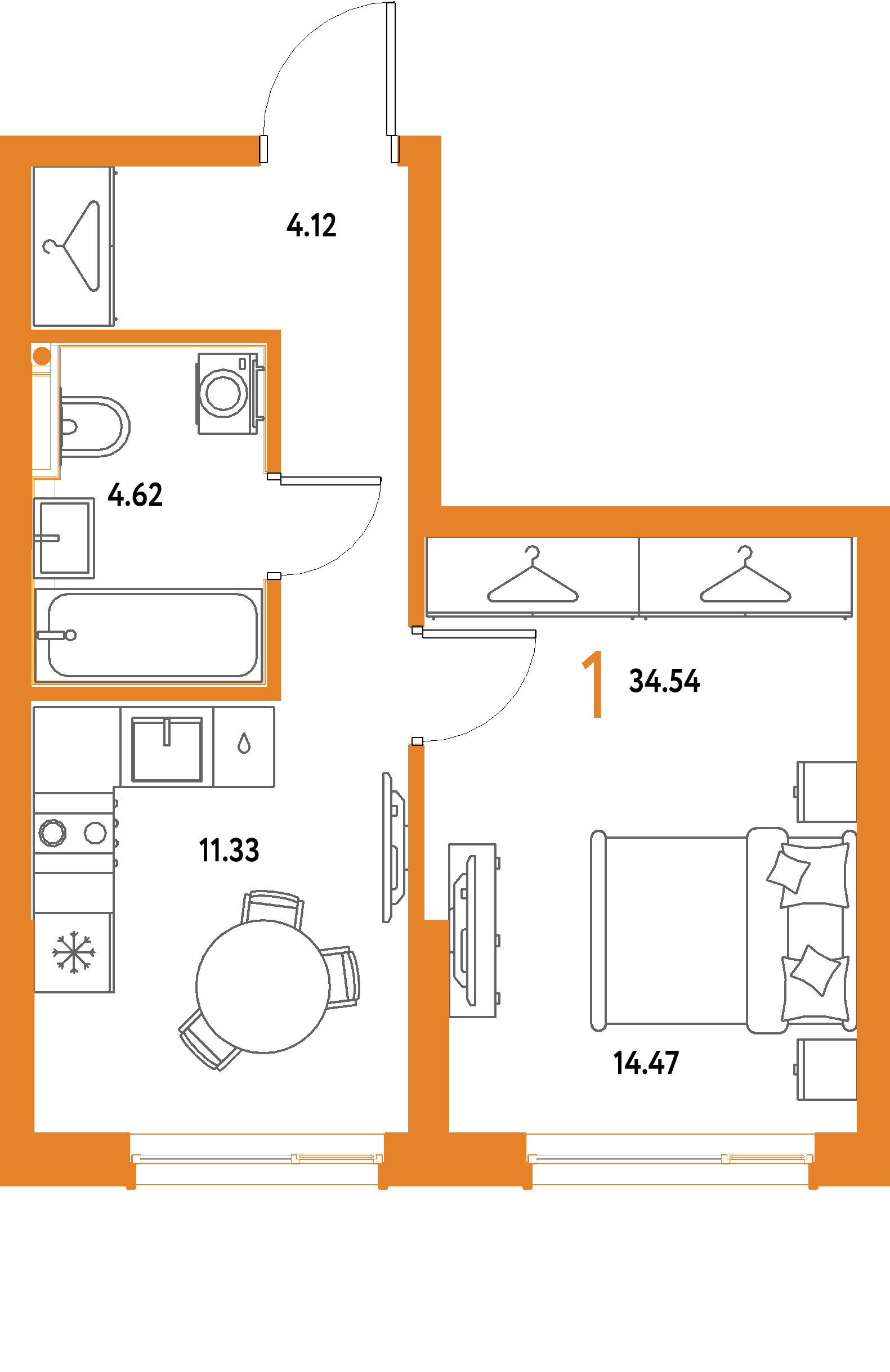 ЖК "Страна.Парковая"-1-комнатная 34.54 м²