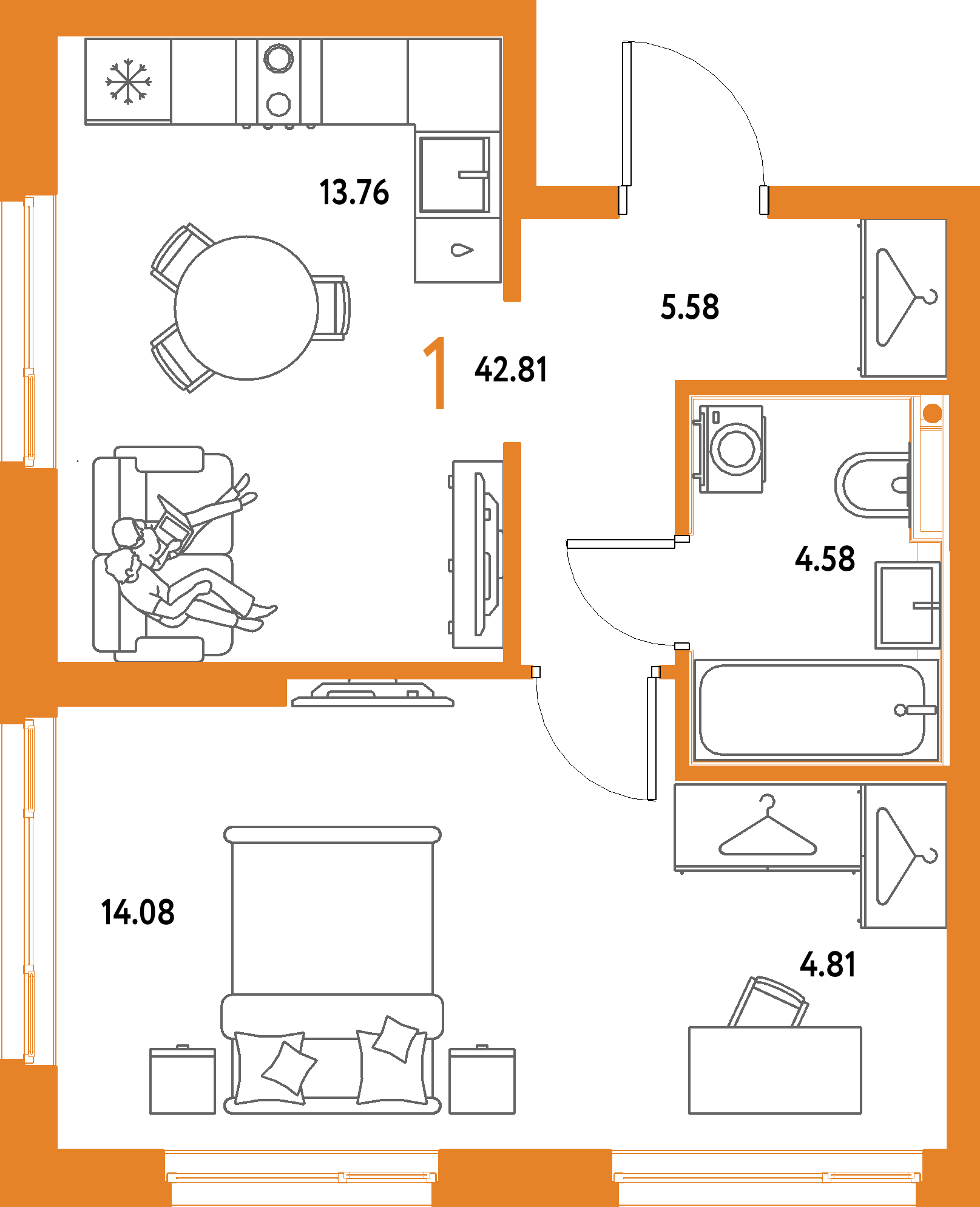 ЖК "Страна.Парковая"-1-комнатная 42.81 м²
