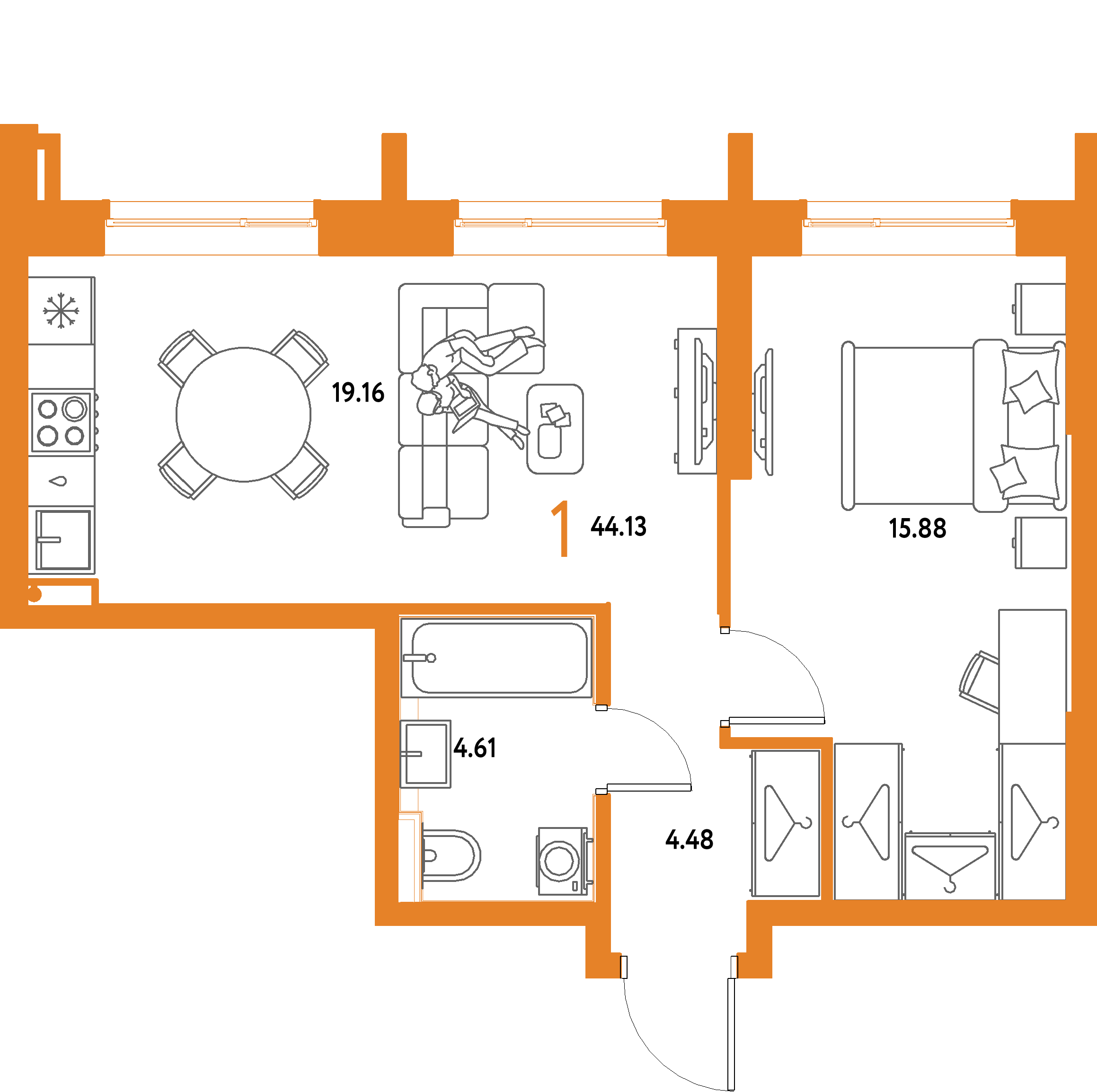 ЖК "Страна.Парковая"-1-комнатная 44.13 м²