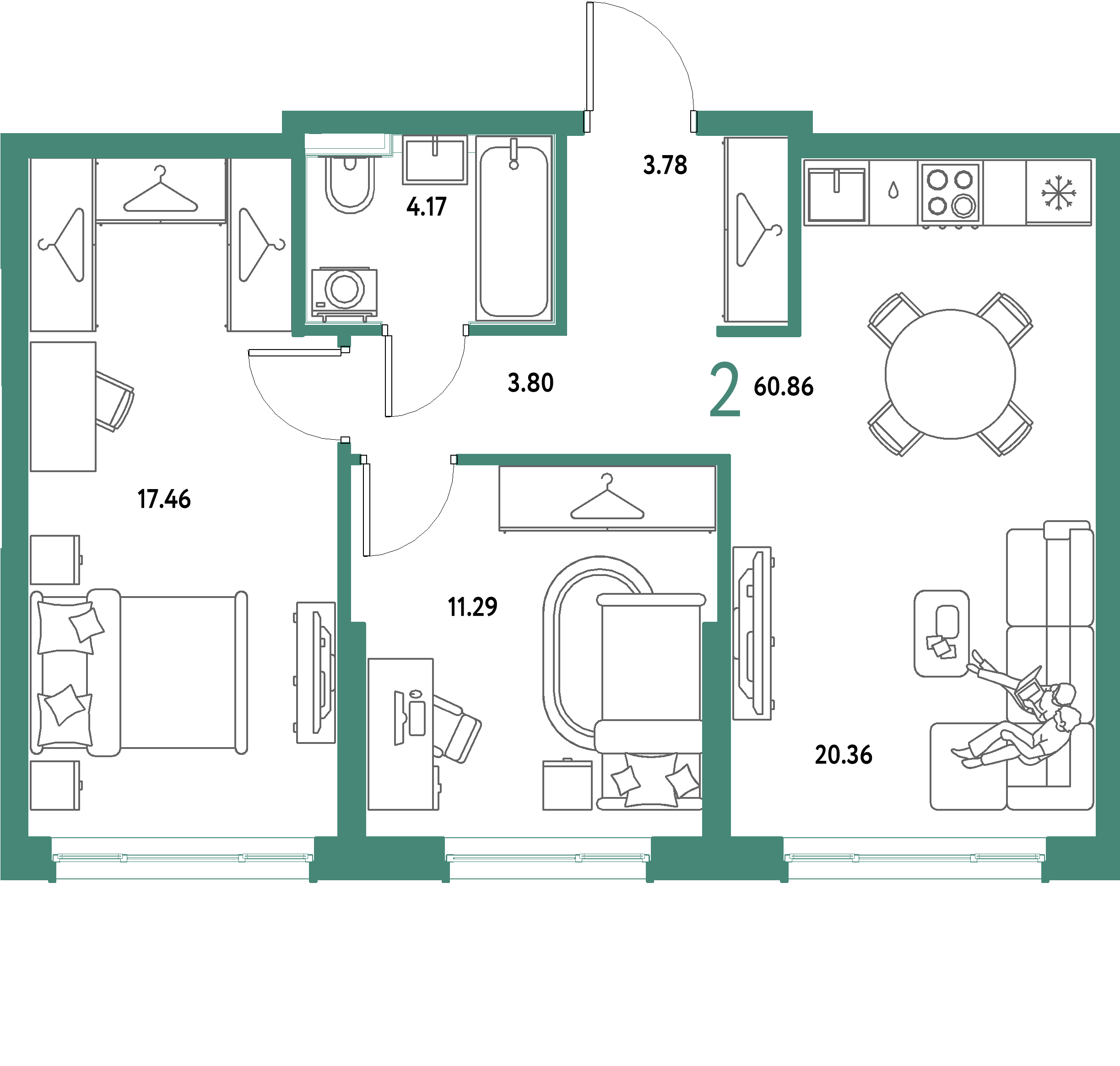 ЖК "Страна.Парковая"-2-комнатная 60.86 м²